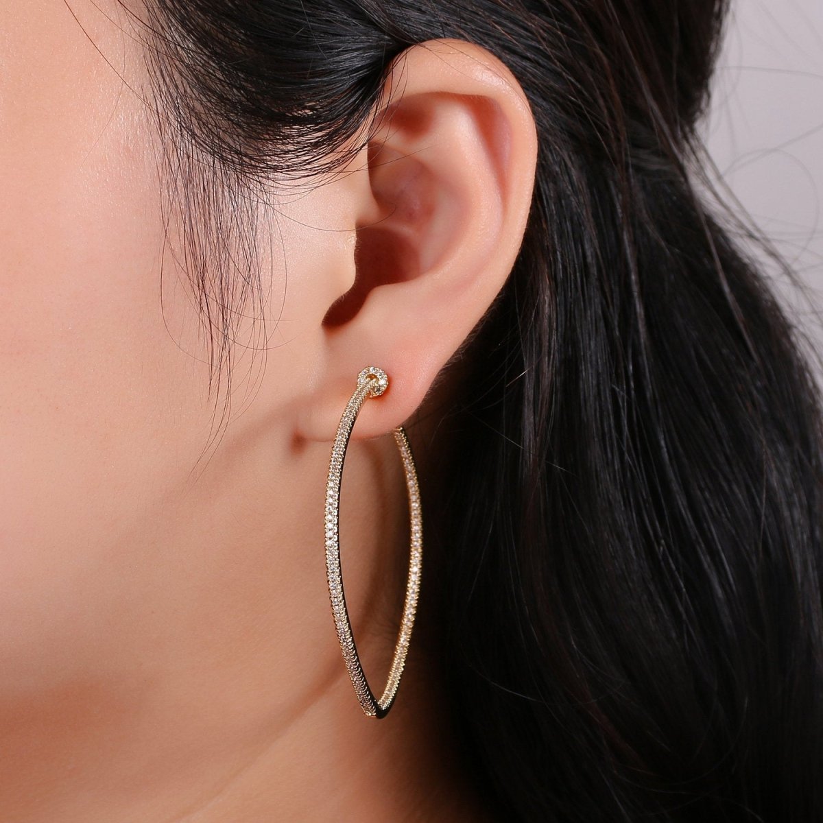 OS Gold Filled Minimalist Front-Facing Micro Paved CZ 55mm Hoop Earrings in Gold & Silver Q-116