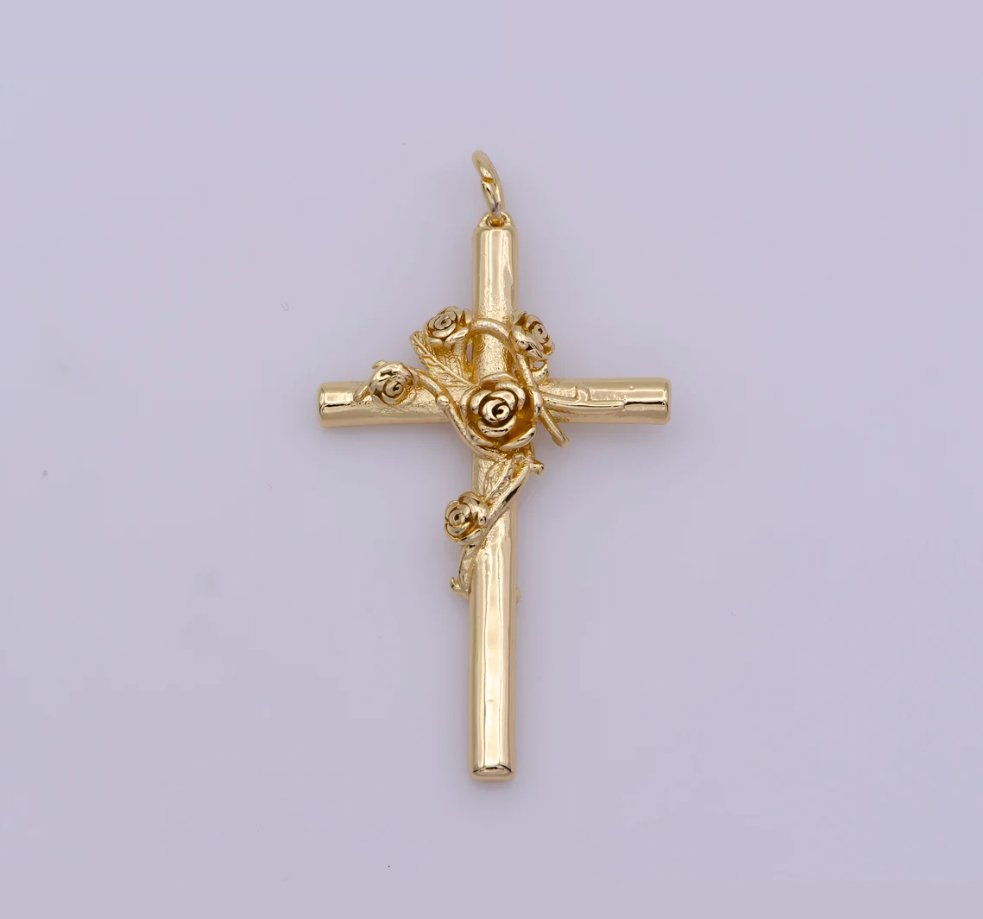 OS Gold Filled Religious Cross with Roses Vines Charm For Jewelry Making E-489