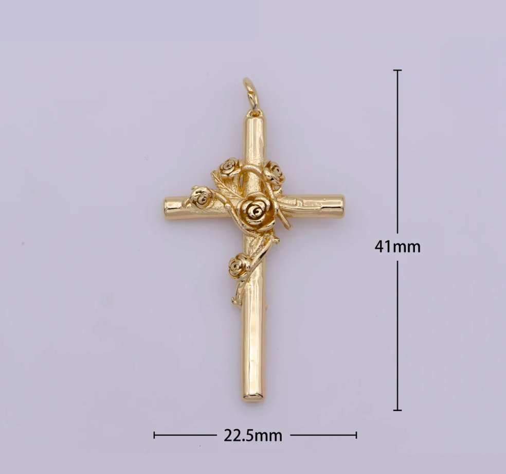 OS Gold Filled Religious Cross with Roses Vines Charm For Jewelry Making E-489