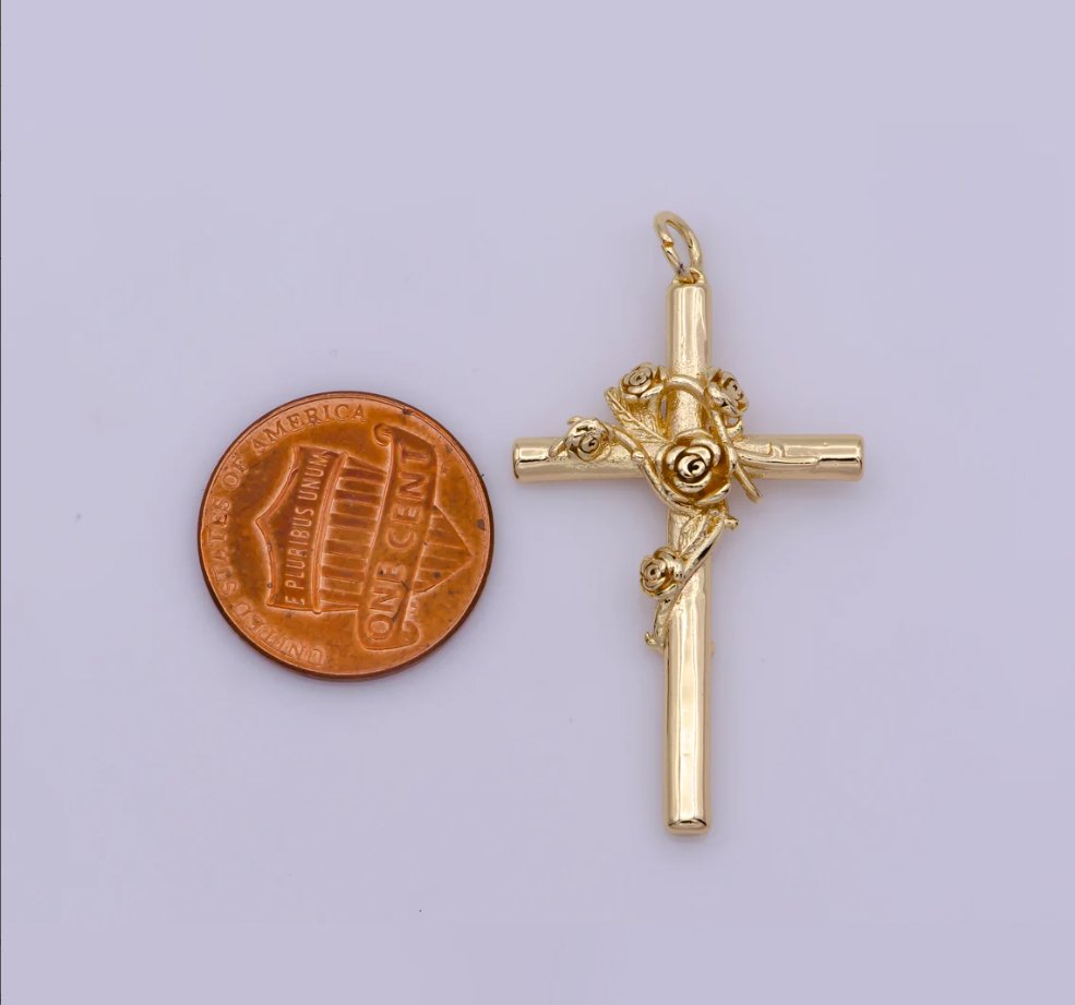 OS Gold Filled Religious Cross with Roses Vines Charm For Jewelry Making E-489