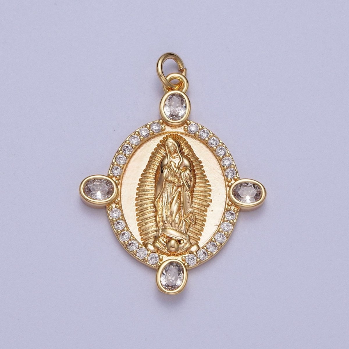 OS Gold Oval Medallion Lady Guadalupe Charm Micro Pave Virgin Mary Charm for Religious Catholic Jewelry Supply | X-779