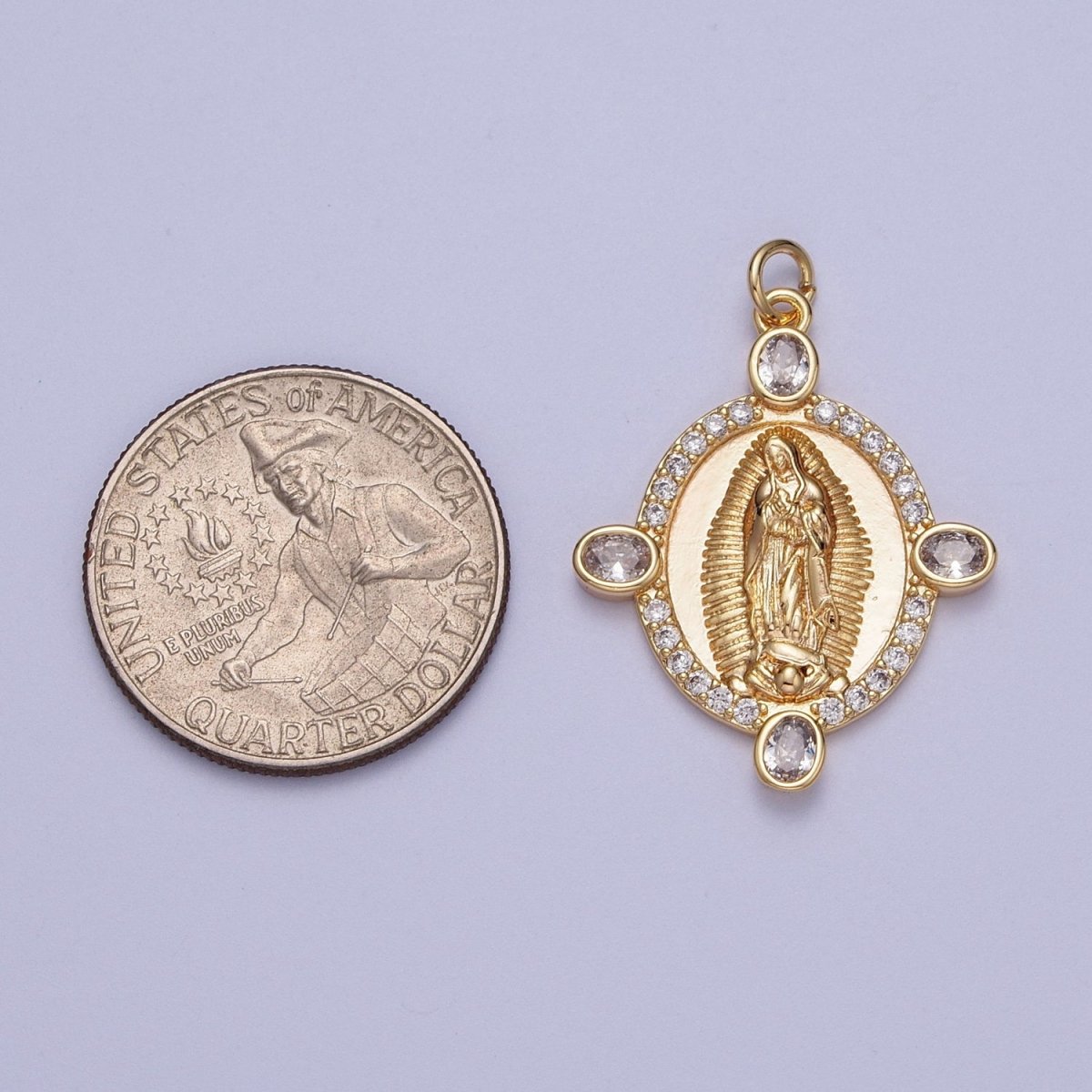 OS Gold Oval Medallion Lady Guadalupe Charm Micro Pave Virgin Mary Charm for Religious Catholic Jewelry Supply | X-779