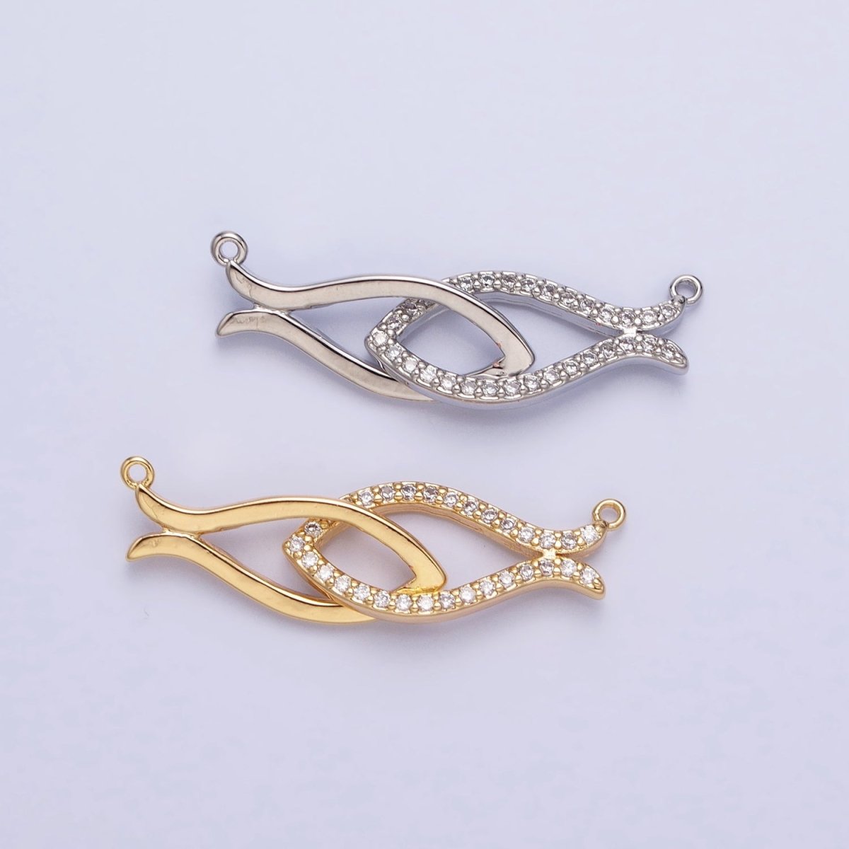Gold, Silver Double Fish-Shaped Linked Micro Paved CZ Geometric Connector | Y-807