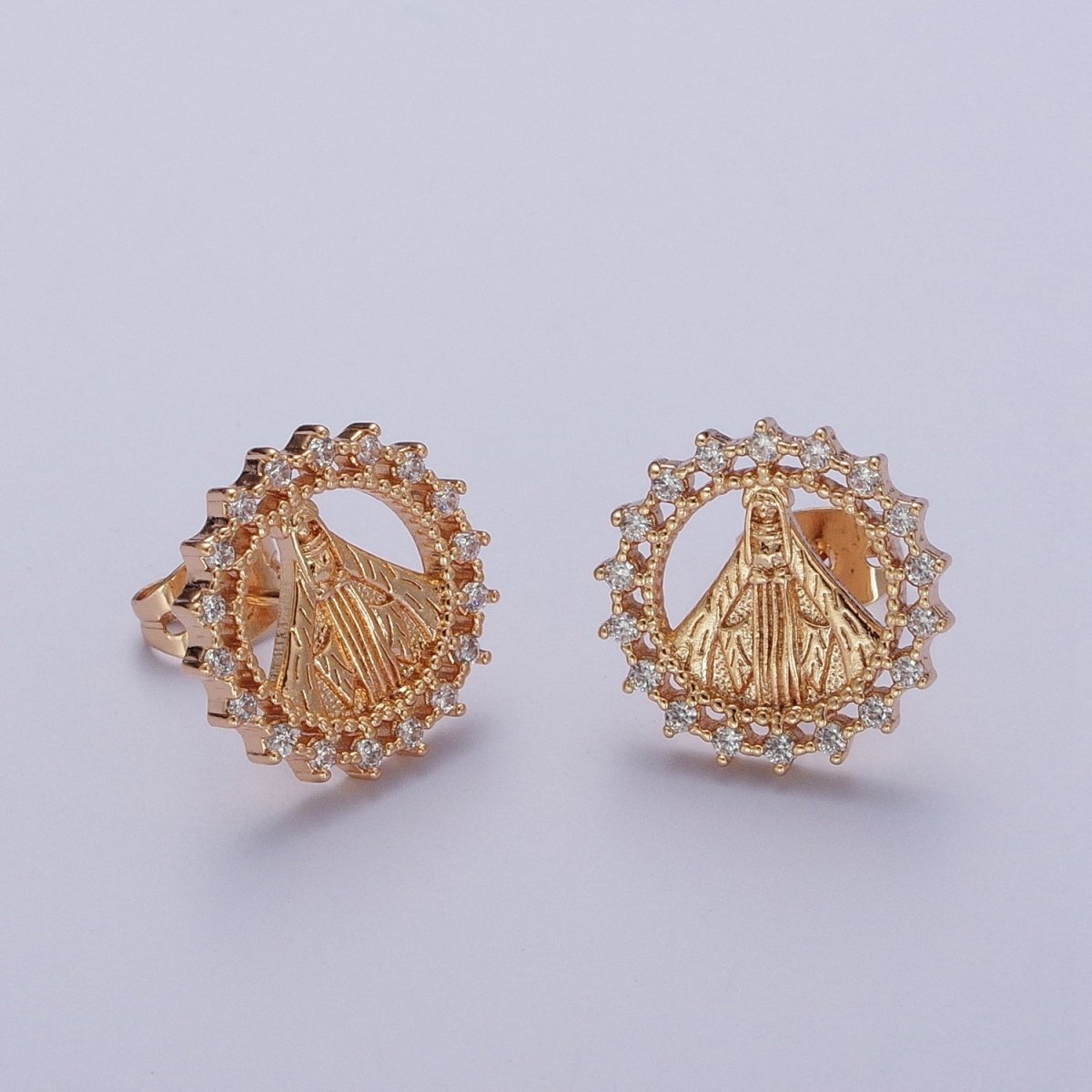 OS Gold Virgin Mary Stud Earring Sun Medallion Miraculous Lady Earring Catholic Religious Jewelry Gift AE-1049 - DLUXCA