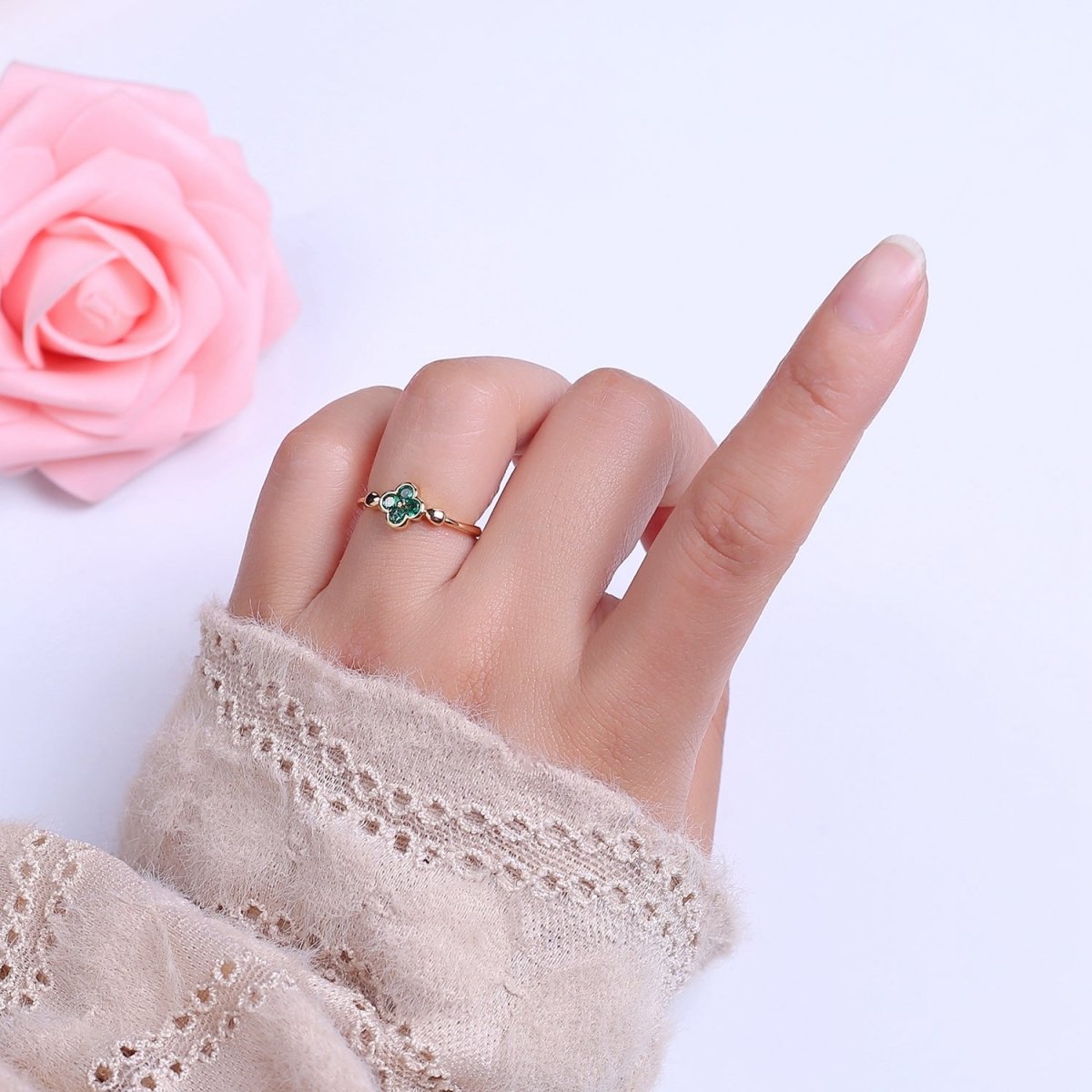 Green Clover Ring / Gold Clover Ring / Lucky Flower Clover Ring S-522