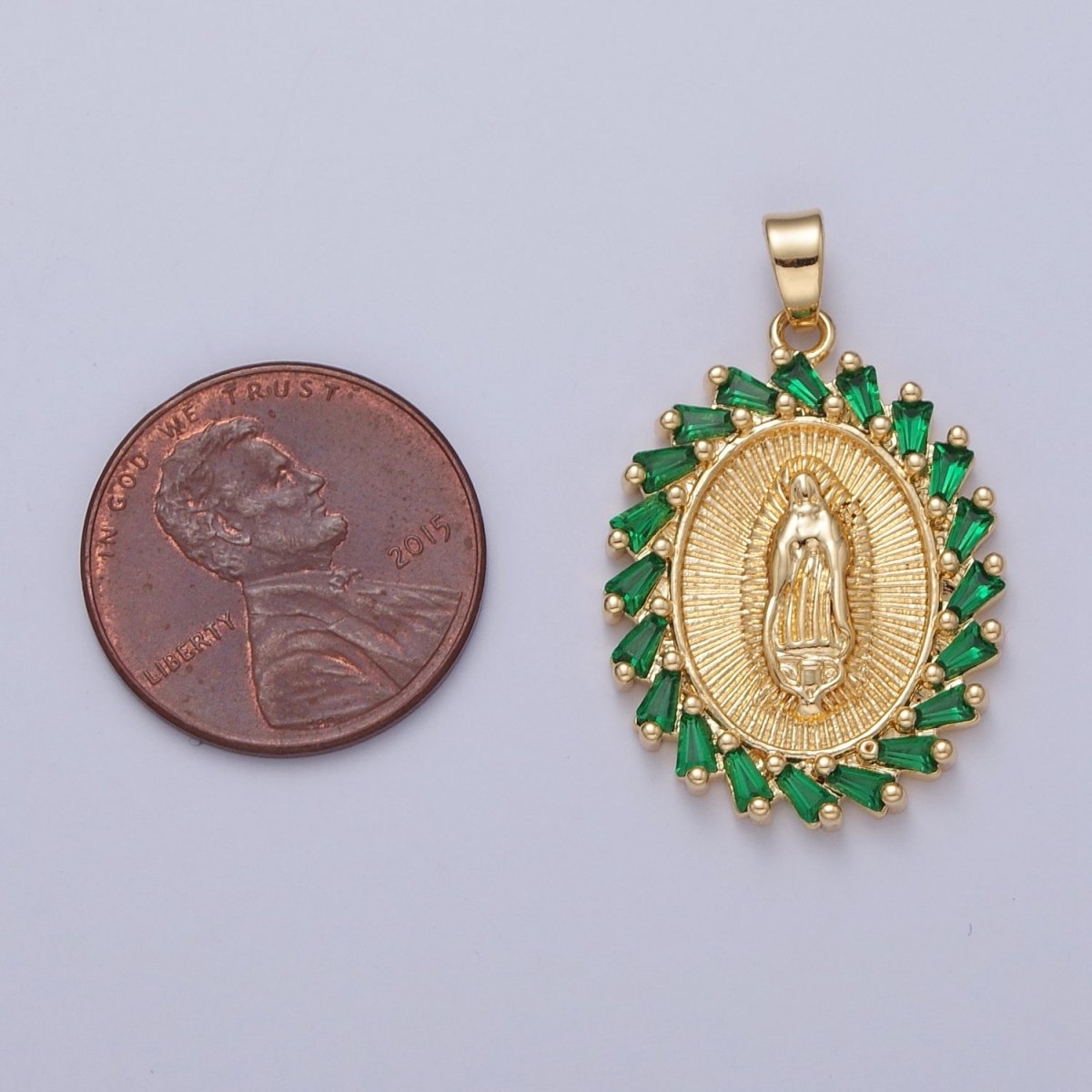 OS Green Emerald CZ Virgin Mary Necklace Gold Lady Guadalupe Pendant, Saint Necklace, Catholic Religious Jewelry X-323