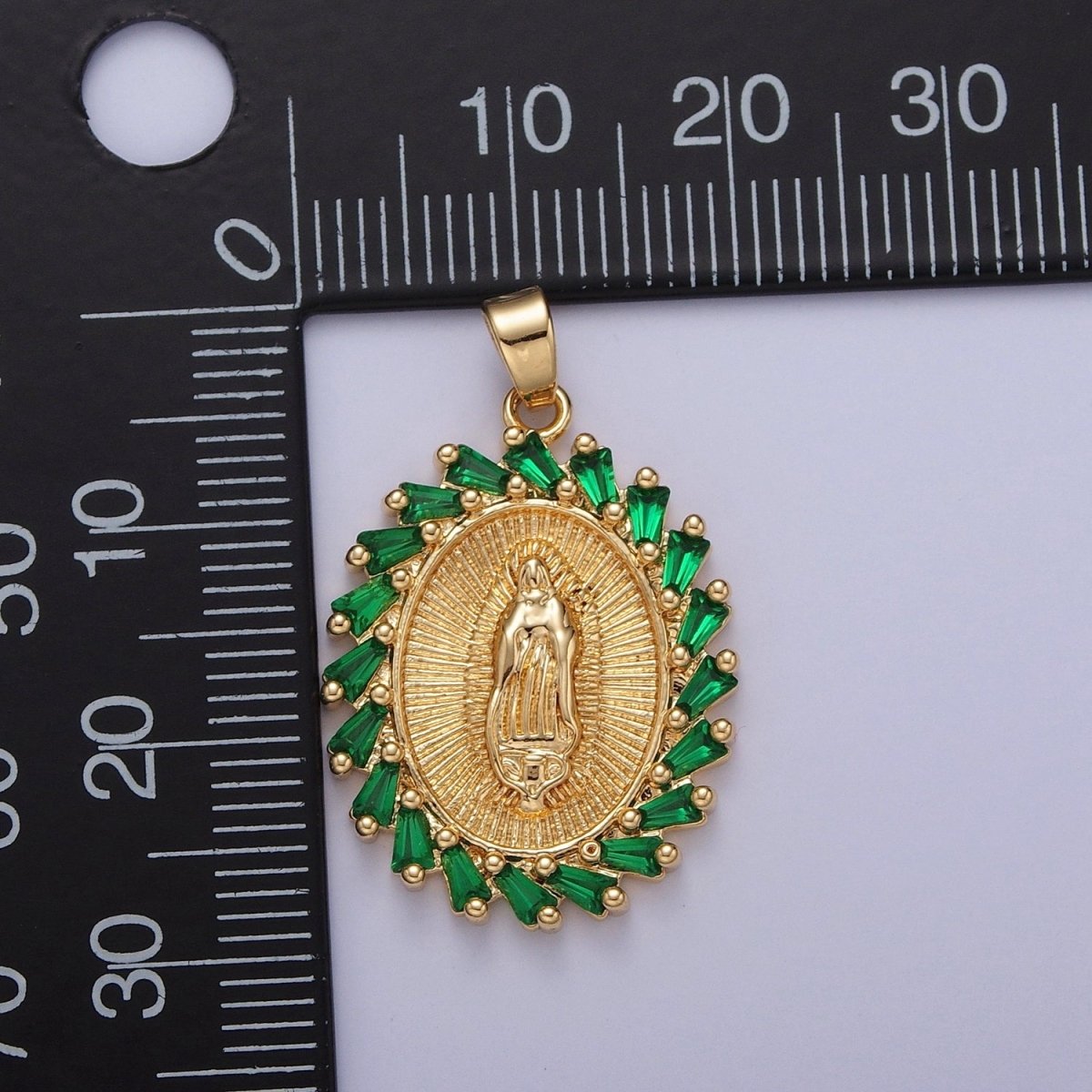 OS Green Emerald CZ Virgin Mary Necklace Gold Lady Guadalupe Pendant, Saint Necklace, Catholic Religious Jewelry X-323
