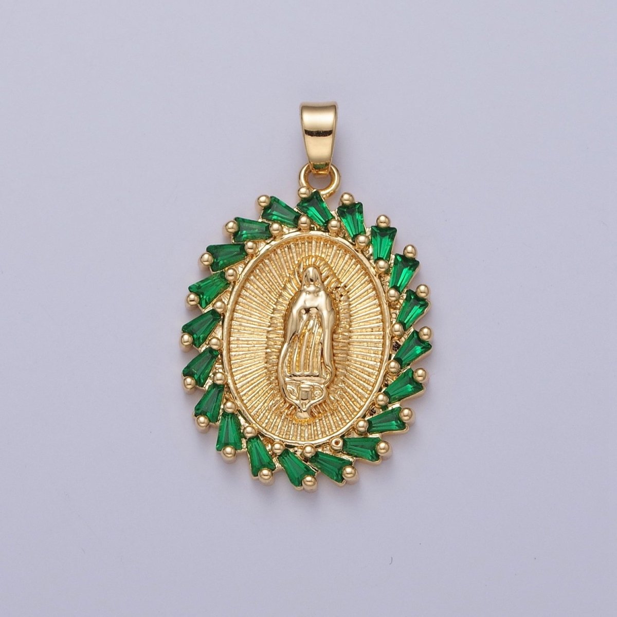 OS Green Emerald CZ Virgin Mary Necklace Gold Lady Guadalupe Pendant, Saint Necklace, Catholic Religious Jewelry X-323