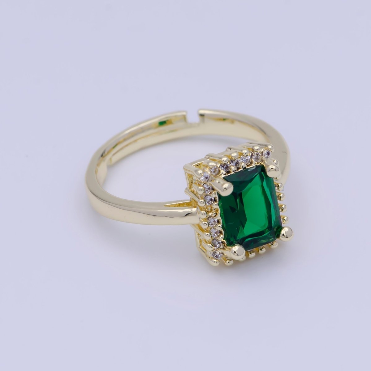 OS Green Emerald Ring Square Emerald Cut Cubic Zirconia Gold Band Adjustable Ring U-290