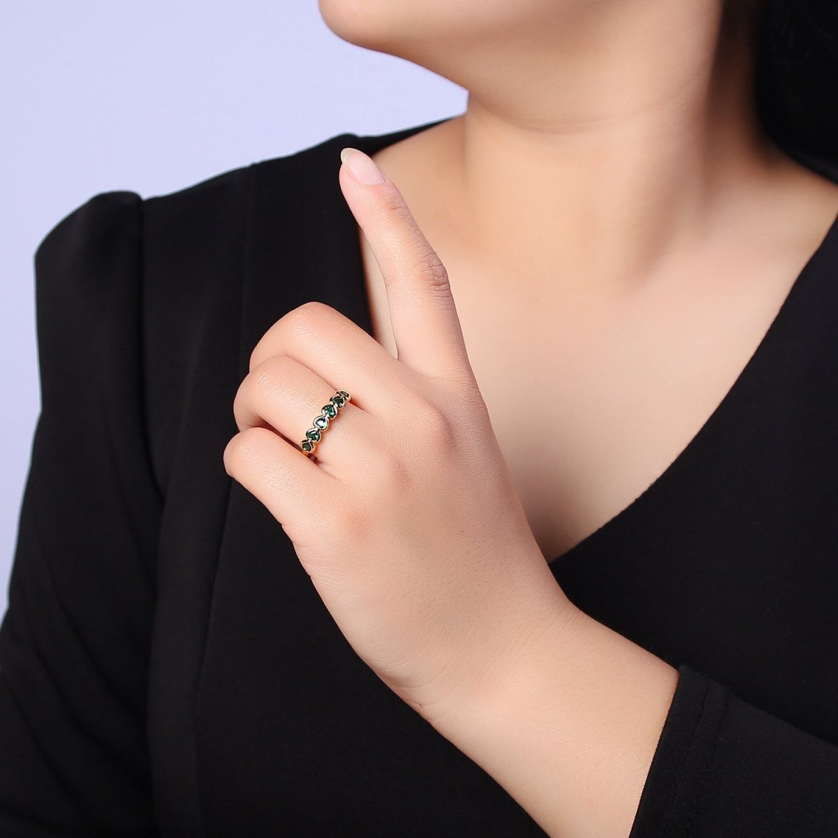 OS Heart Emerald Pave Ring May Birthstone, Dainty Gold Emerald Ring Open Adjustable O-2187