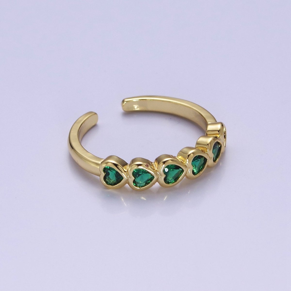 OS Heart Emerald Pave Ring May Birthstone, Dainty Gold Emerald Ring Open Adjustable O-2187