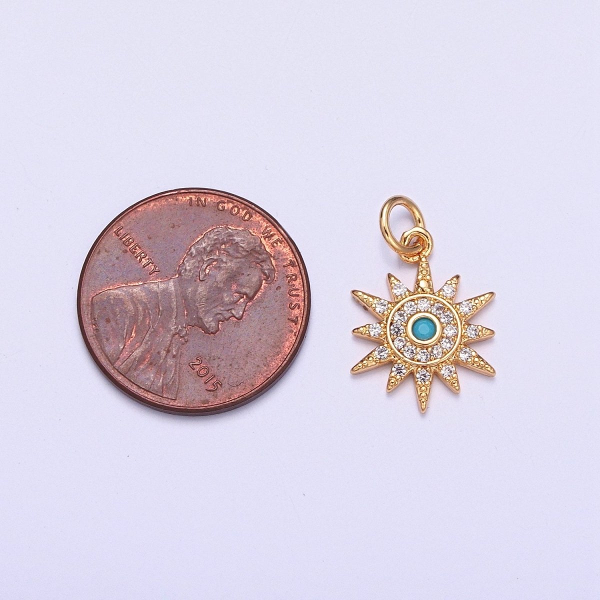 OS Micro Paved Clear CZ Turquoise Celestial Sun Star Charm | X-119