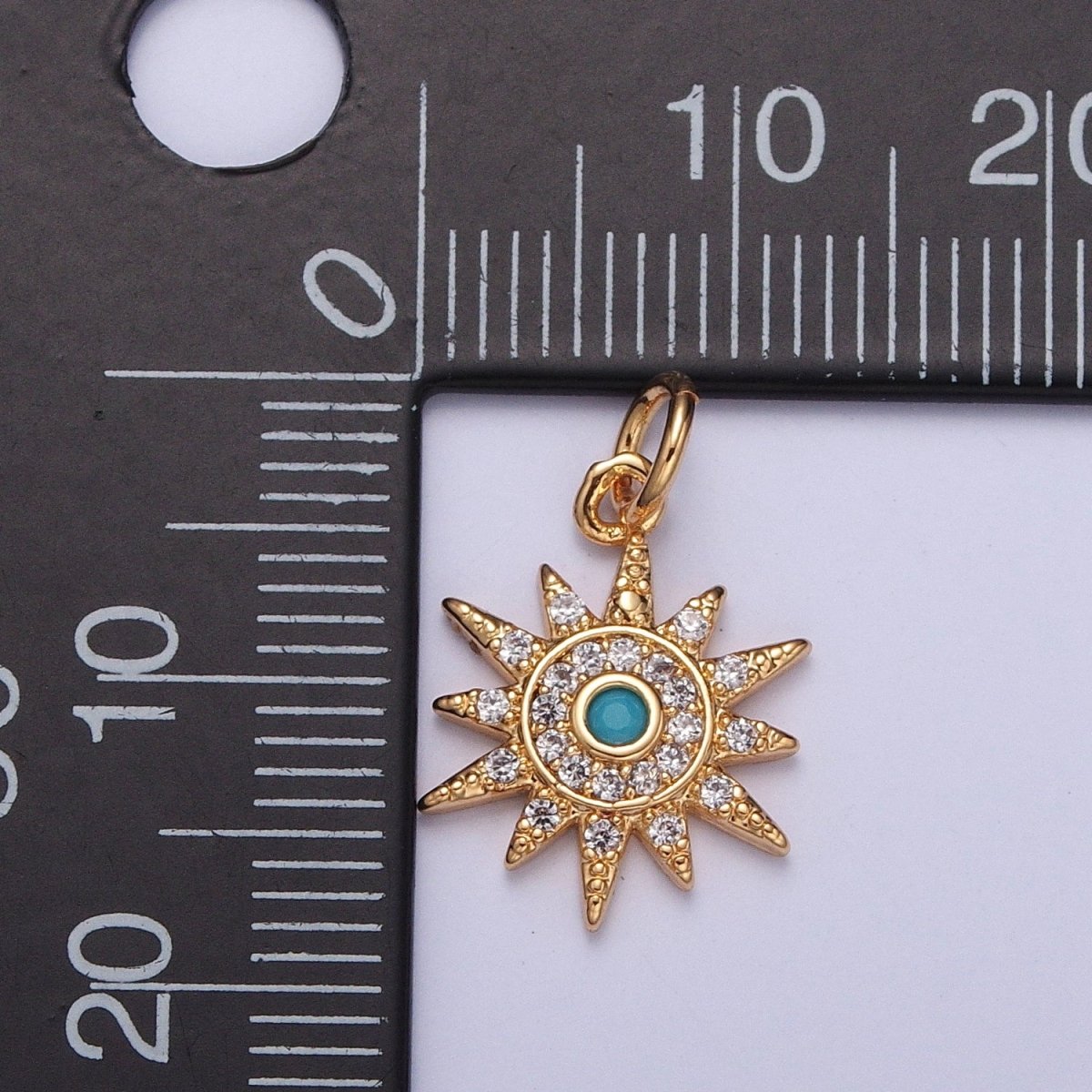 OS Micro Paved Clear CZ Turquoise Celestial Sun Star Charm | X-119