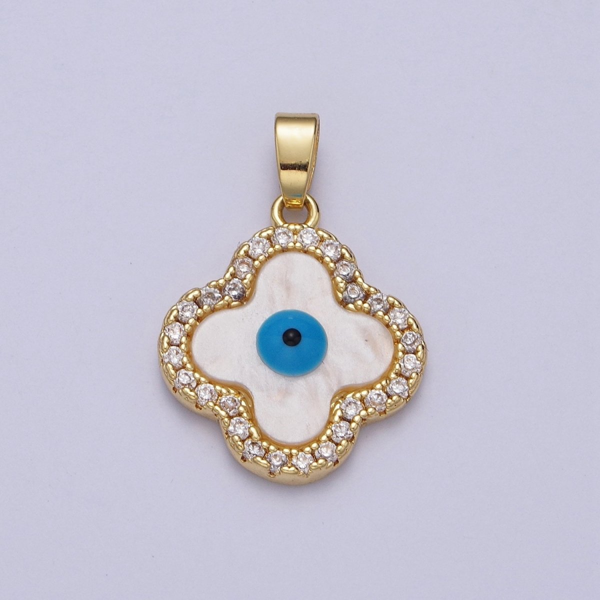 OS Micro Paved CZ Quatrefoil Clover Shell Pearl Protection Evil Eye Enamel Pendant H-491