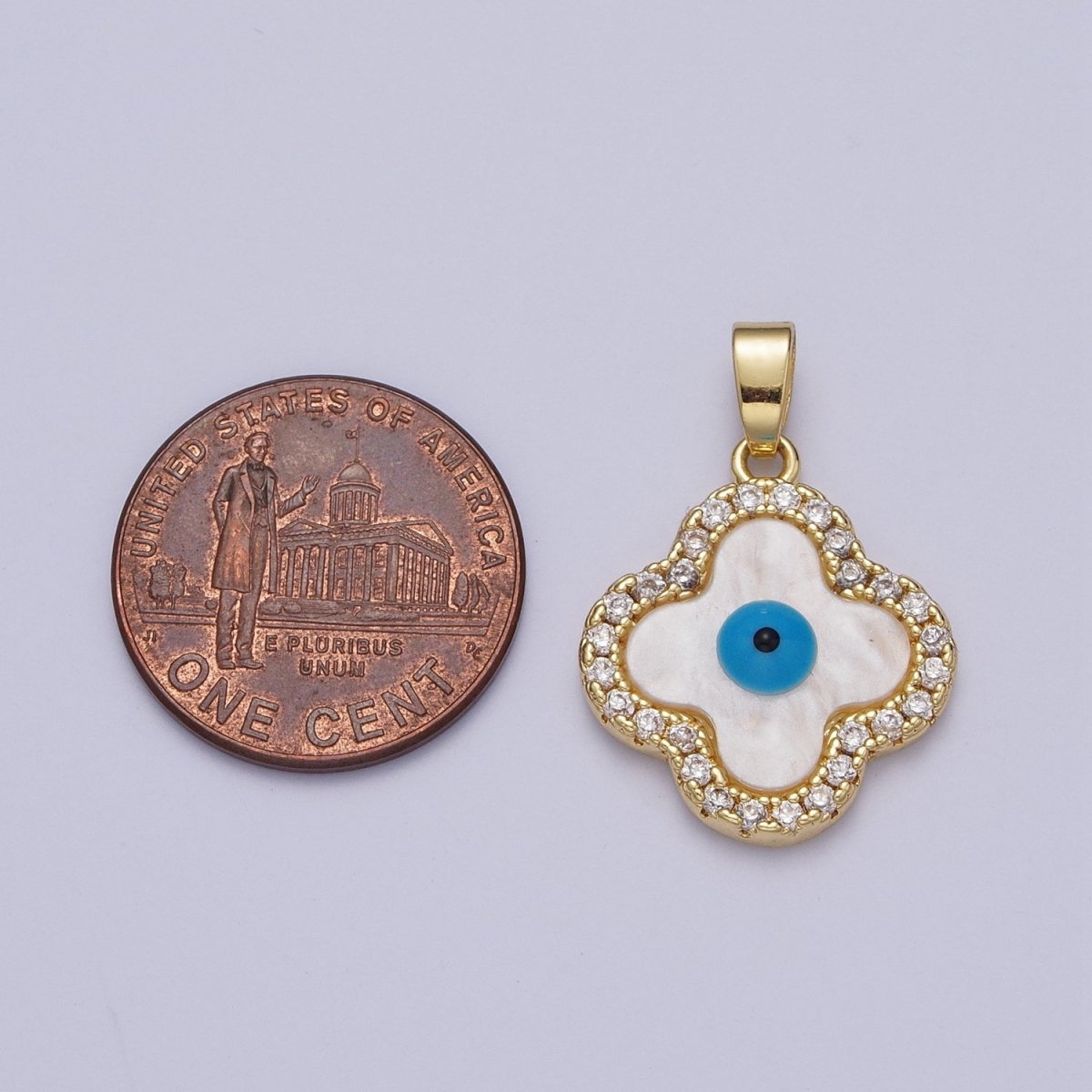 OS Micro Paved CZ Quatrefoil Clover Shell Pearl Protection Evil Eye Enamel Pendant H-491