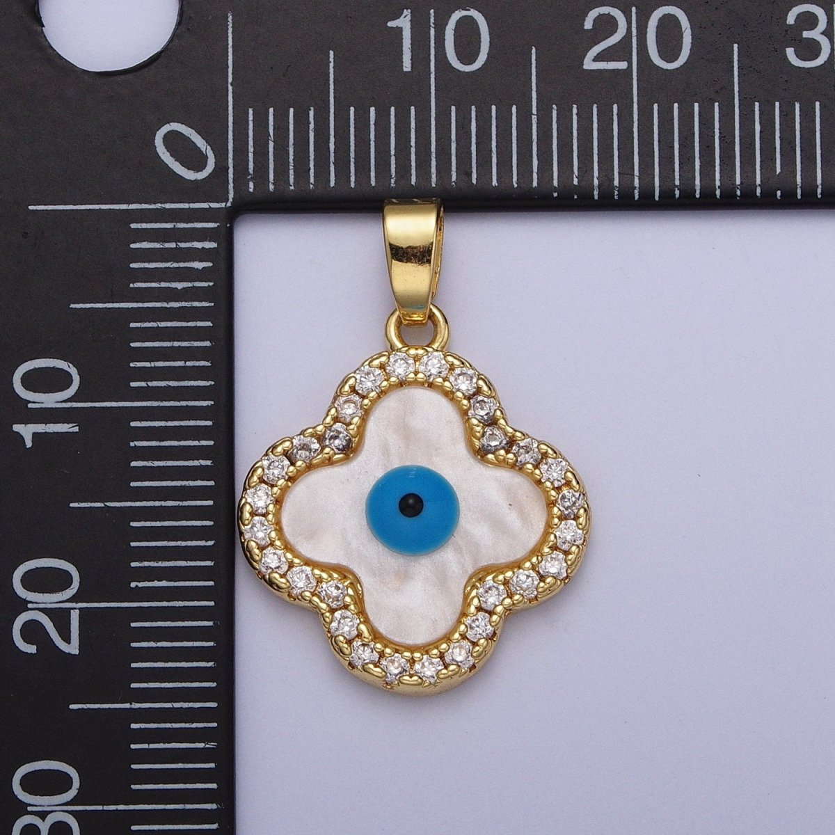 OS Micro Paved CZ Quatrefoil Clover Shell Pearl Protection Evil Eye Enamel Pendant H-491