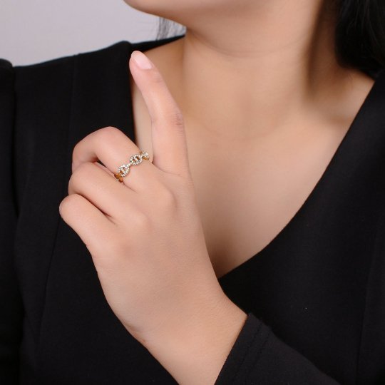 OS Mini Mariner Link Ring, Small Anchor Link Ring, Gold Open Link Ring, Cz Link Ring, Diamond Link Ring, Stacking Ring Gold R-158