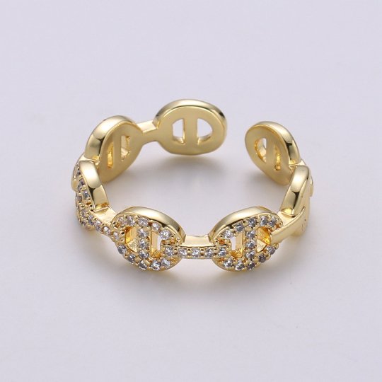 OS Mini Mariner Link Ring, Small Anchor Link Ring, Gold Open Link Ring, Cz Link Ring, Diamond Link Ring, Stacking Ring Gold R-158