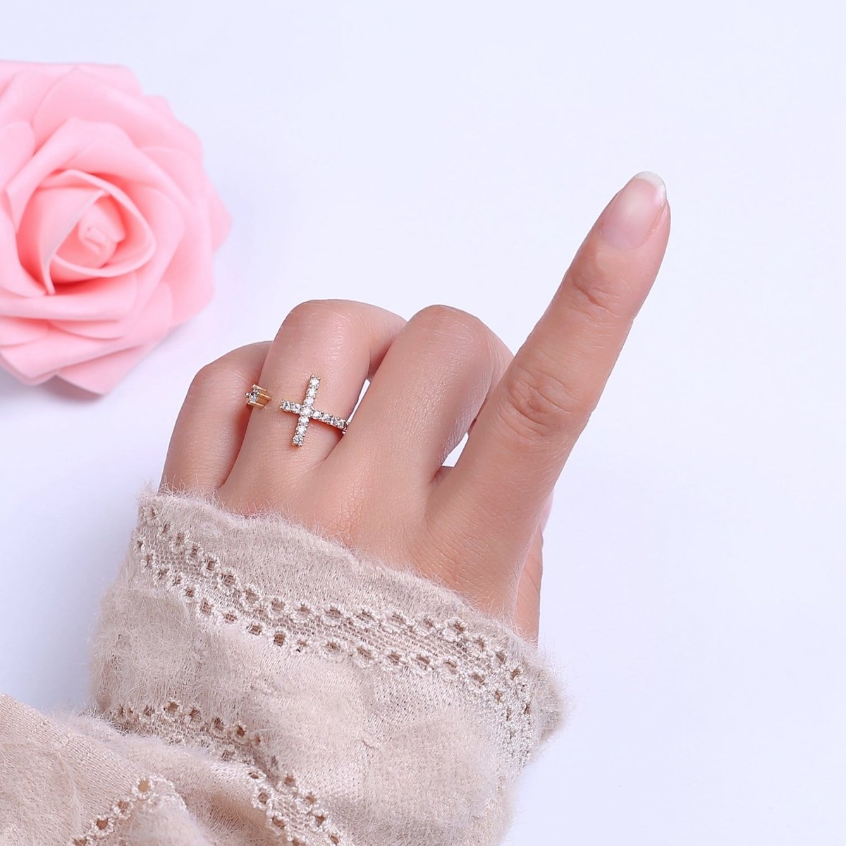 OS Minimalist Cross Rings Clear CZ Stacking Jewelry Gold Filled Band ring Adjustable S-527