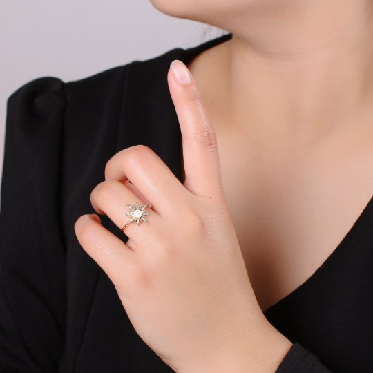 Opal sun ring, Dainty sunshine ring, Thin Gold Ring, October Birthstone, Delicate celestial Jewelry, Solar Polaris R-200