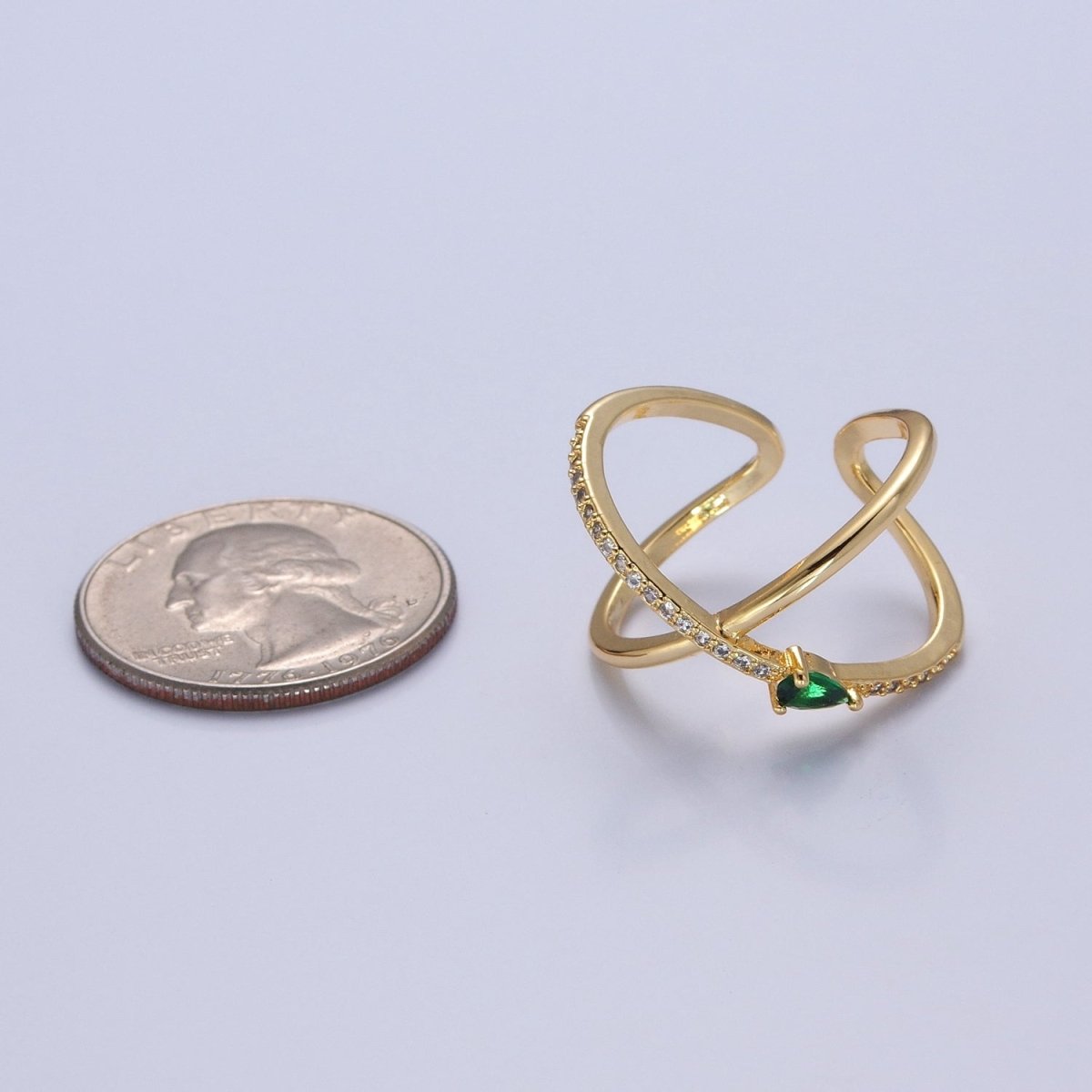 OS Pave X Ring Gold Criss Cross CZ Diamond Ring Minimalist Jewelry Mini Green Tear Drop Double Band Ring O-2228