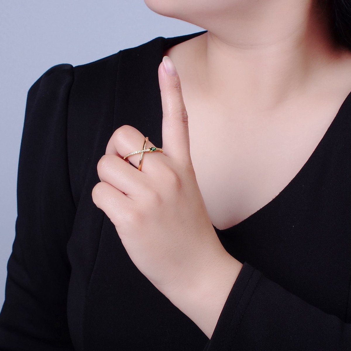 OS Pave X Ring Gold Criss Cross CZ Diamond Ring Minimalist Jewelry Mini Green Tear Drop Double Band Ring O-2228