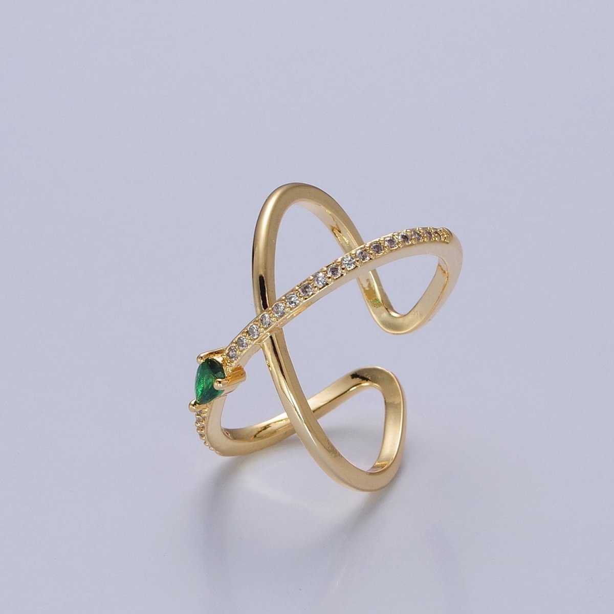 OS Pave X Ring Gold Criss Cross CZ Diamond Ring Minimalist Jewelry Mini Green Tear Drop Double Band Ring O-2228