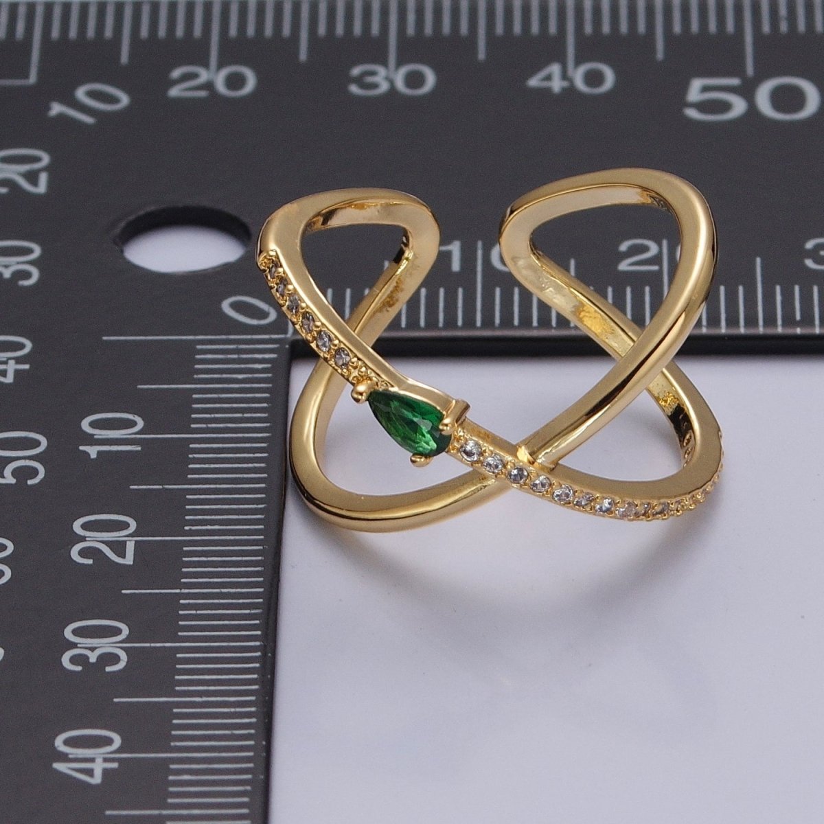 OS Pave X Ring Gold Criss Cross CZ Diamond Ring Minimalist Jewelry Mini Green Tear Drop Double Band Ring O-2228
