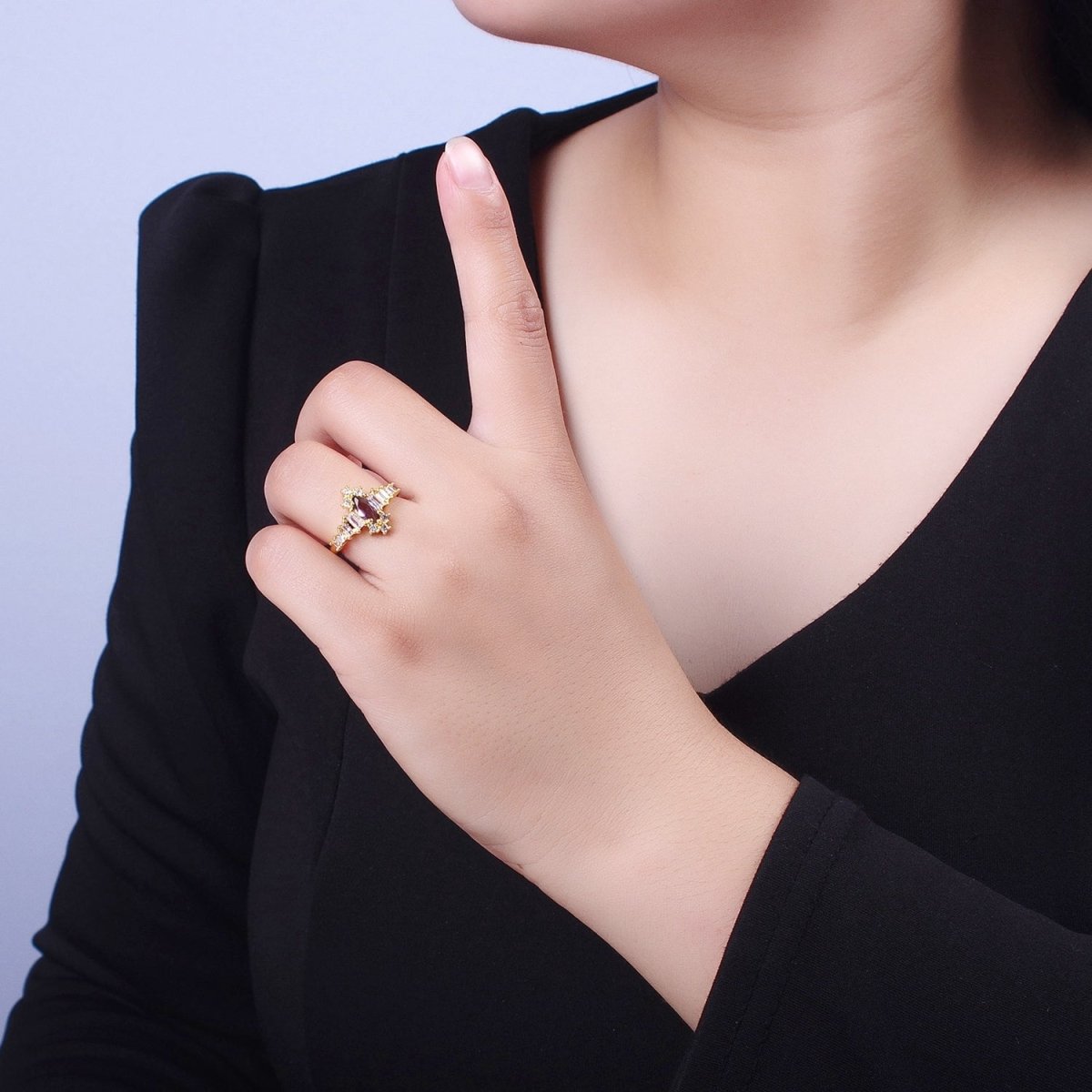 OS Purple Amethyst Marquise & Clear Baguette Cubic Zirconia Gold Adjustable Ring S-384 - DLUXCA