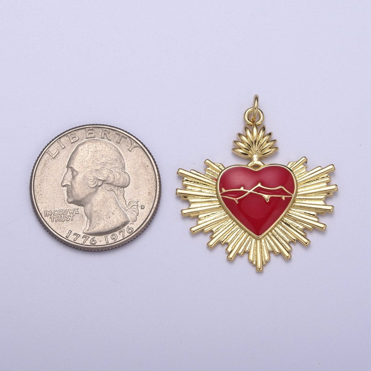 OS Red Enamel Gold Heart Shape Pendant, 14K Gold Filled Sunburst Sun Ray Dainty Gold Statement Charm N-301