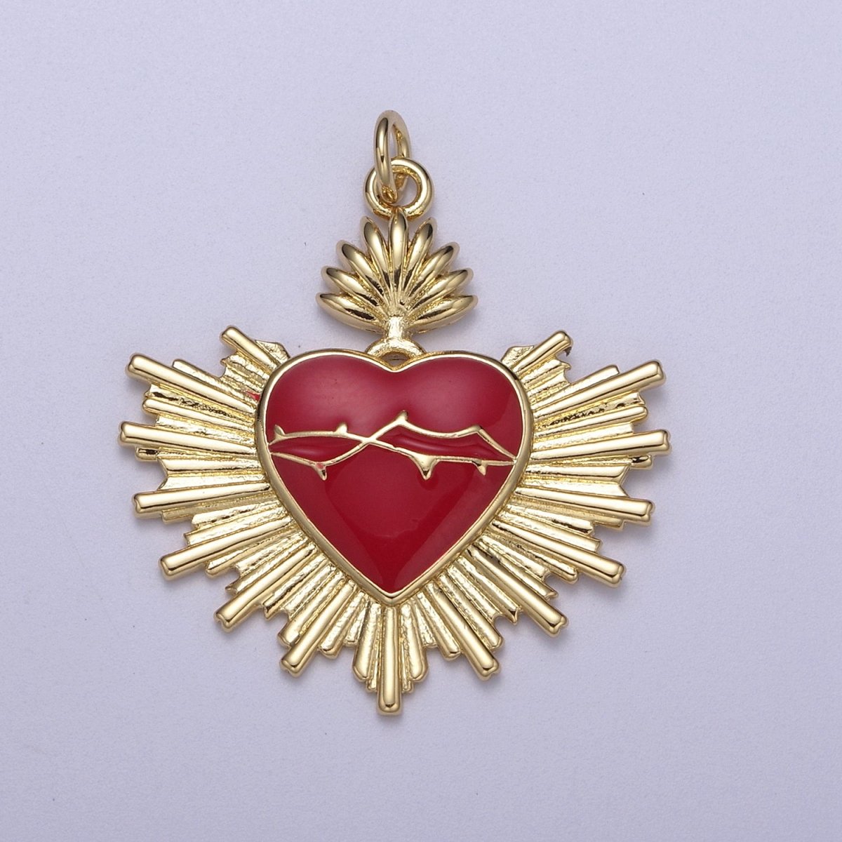 OS Red Enamel Gold Heart Shape Pendant, 14K Gold Filled Sunburst Sun Ray Dainty Gold Statement Charm N-301