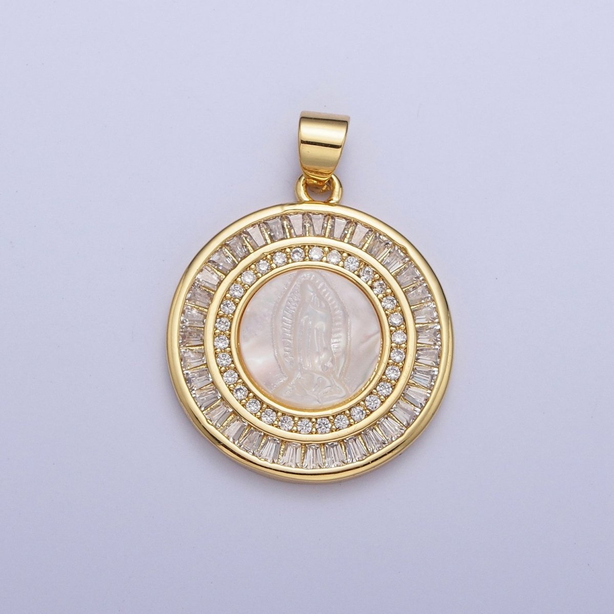 OS SELL AS IS | Mother of Pearl Miraculous Mary Micro Paved Clear/Pink Baguette Lined Round Medallion I-324