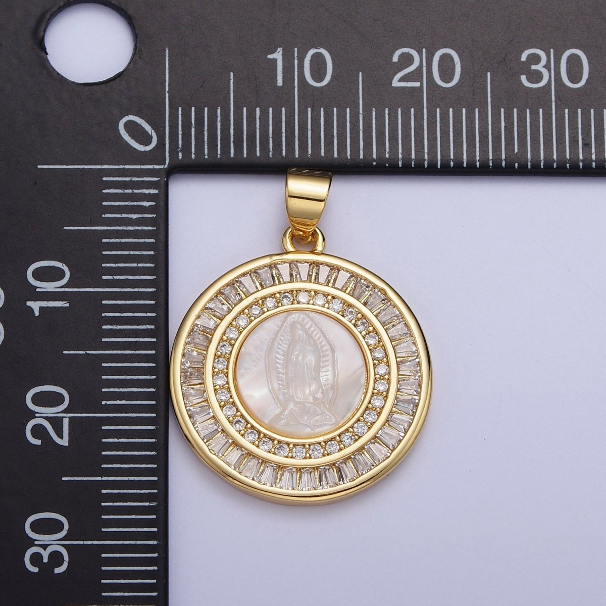 OS SELL AS IS | Mother of Pearl Miraculous Mary Micro Paved Clear/Pink Baguette Lined Round Medallion I-324