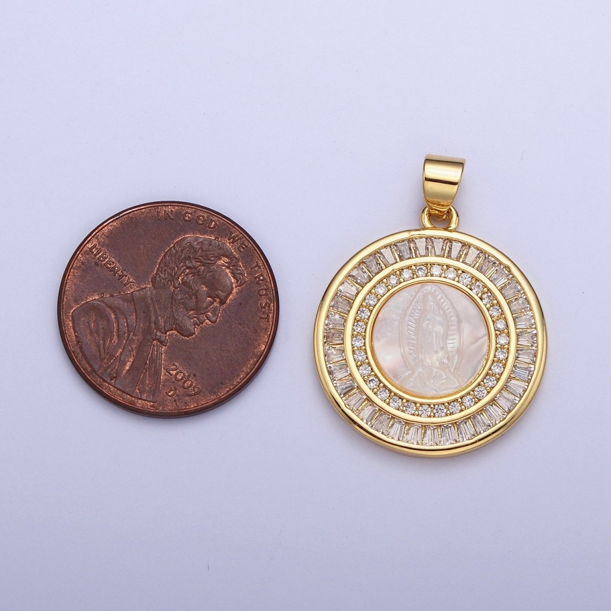 OS SELL AS IS | Mother of Pearl Miraculous Mary Micro Paved Clear/Pink Baguette Lined Round Medallion I-324