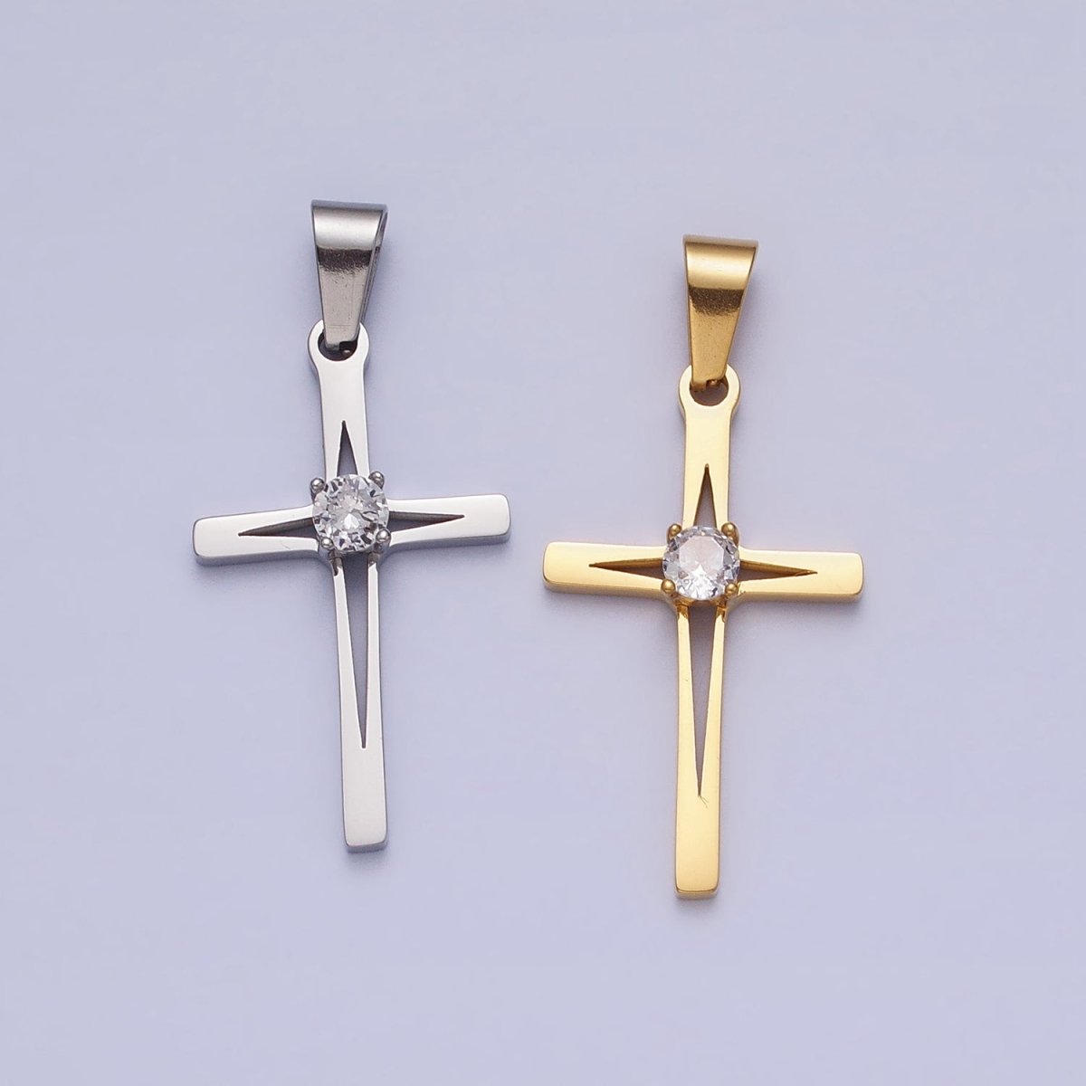 OS Stainless Steel Religious Cross Star Clear CZ Pendant in Gold & Silver  J-797 J-798