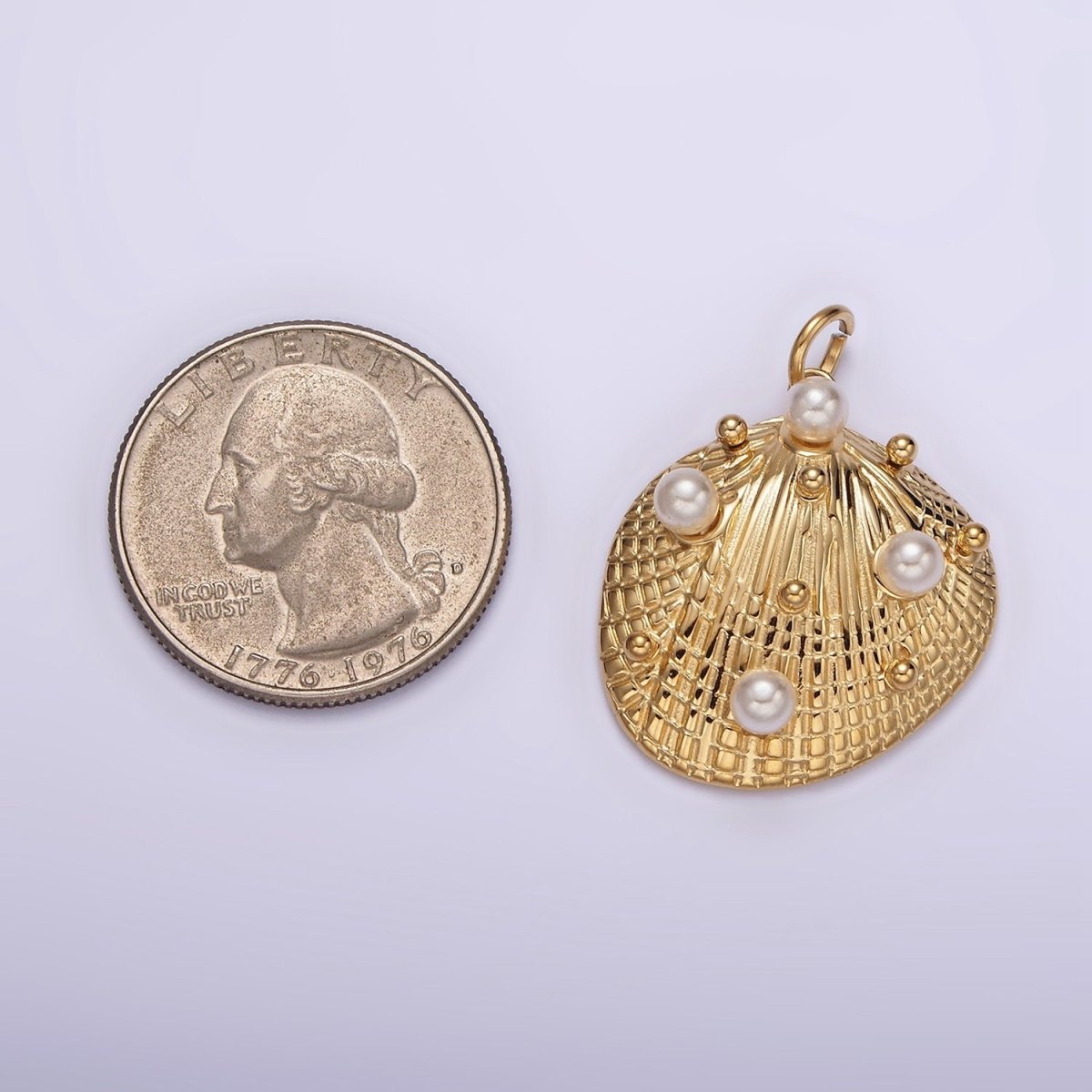 OS Stainless Steel Textured Pearl Dotted Ocean Clam Shell Charm | P1281