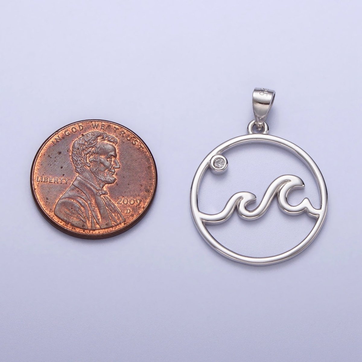 OS Sterling Silver Ocean Wave Charm with Micro Pave Water Beach Pendant SL-402 - DLUXCA