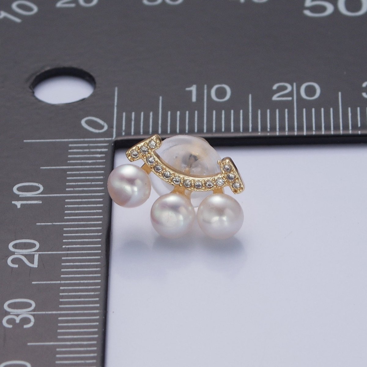 OS Three White Pearl Stud Earring with Gold Pave Smile for Wedding Jewelry T-528 - DLUXCA