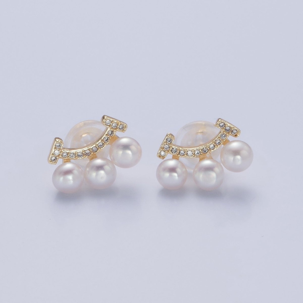 OS Three White Pearl Stud Earring with Gold Pave Smile for Wedding Jewelry T-528 - DLUXCA
