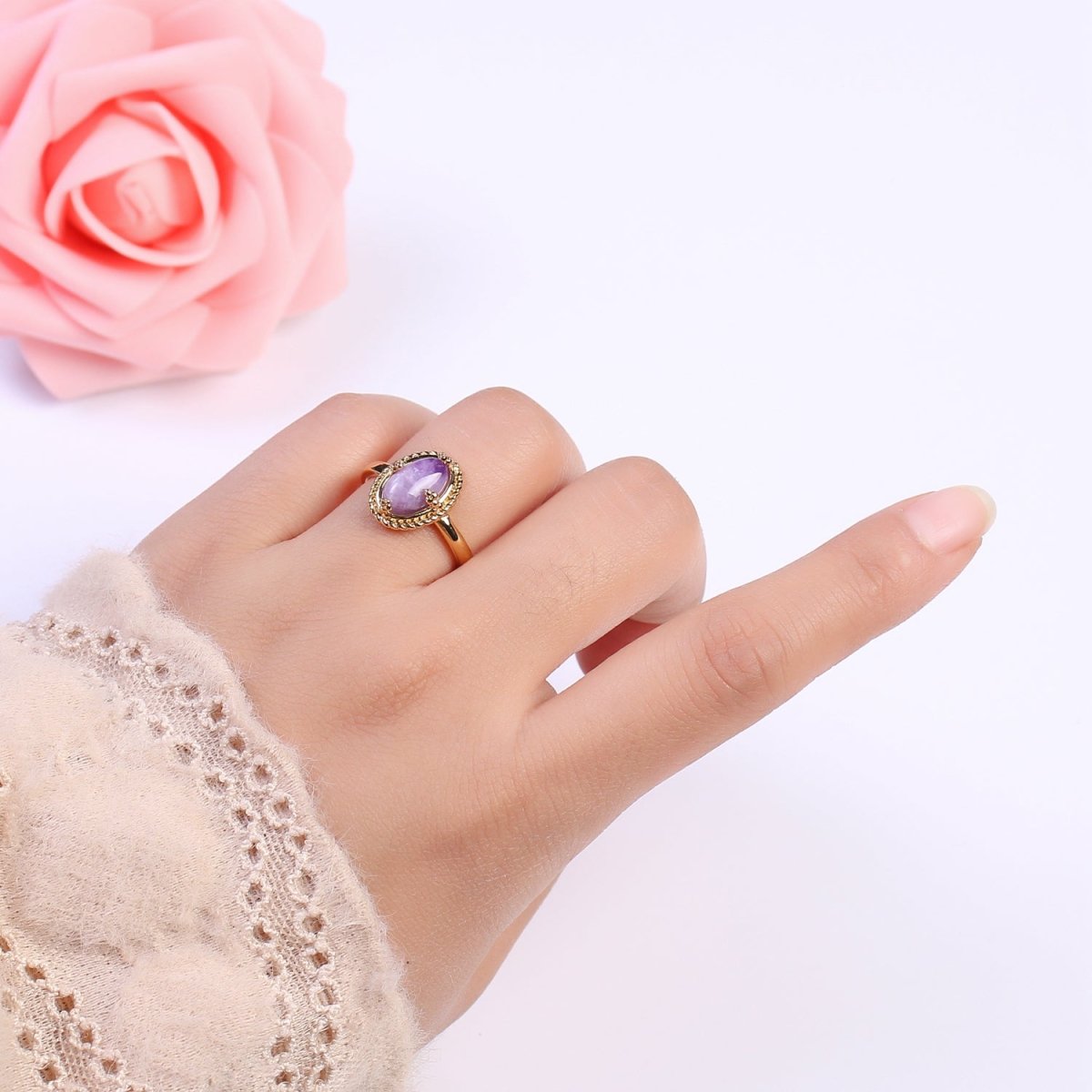 Oval-Cut Amethyst Gemstone Statement 24K Gold Filled Statement Ring U-292 - DLUXCA