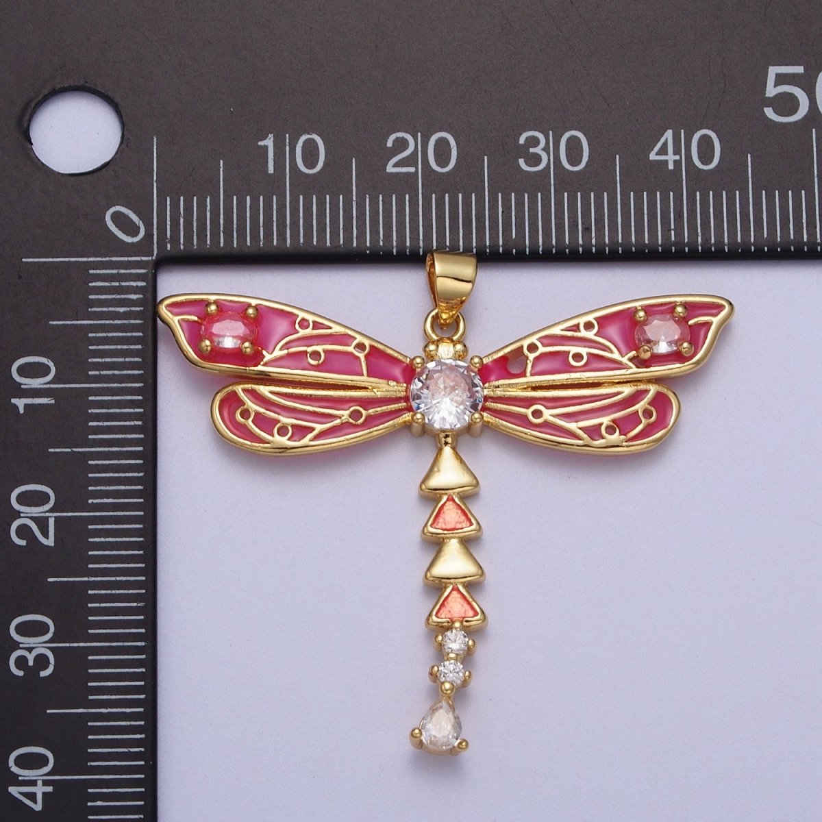 Oval CZ Insect Dragonfly Hot Pink Enamel Gold Pendant H-167 - DLUXCA