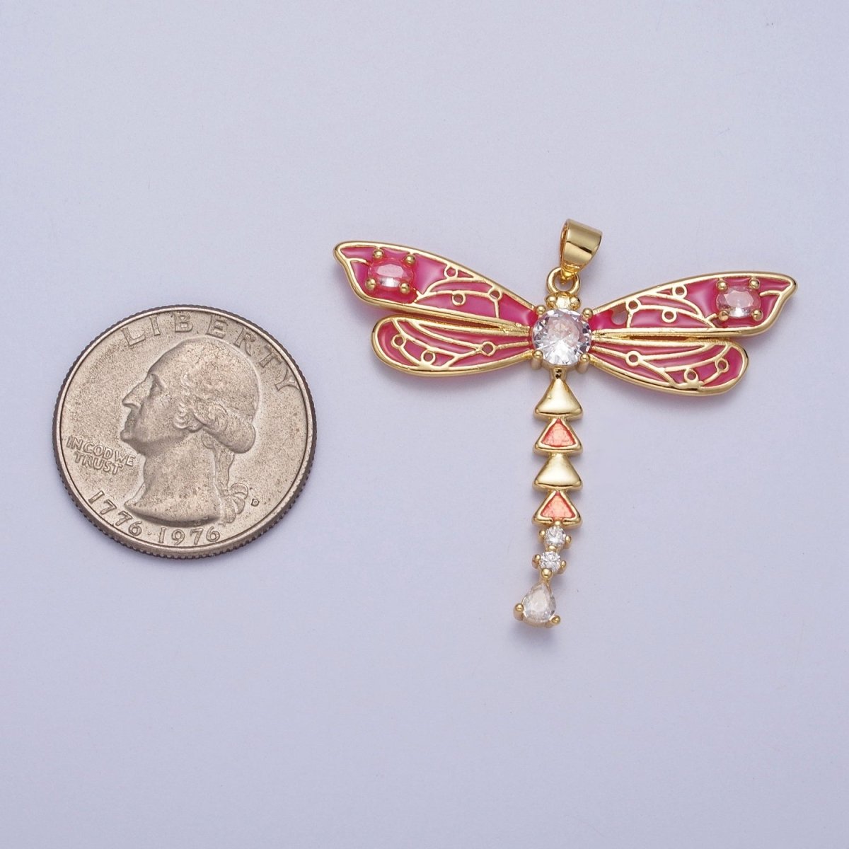 Oval CZ Insect Dragonfly Hot Pink Enamel Gold Pendant H-167 - DLUXCA