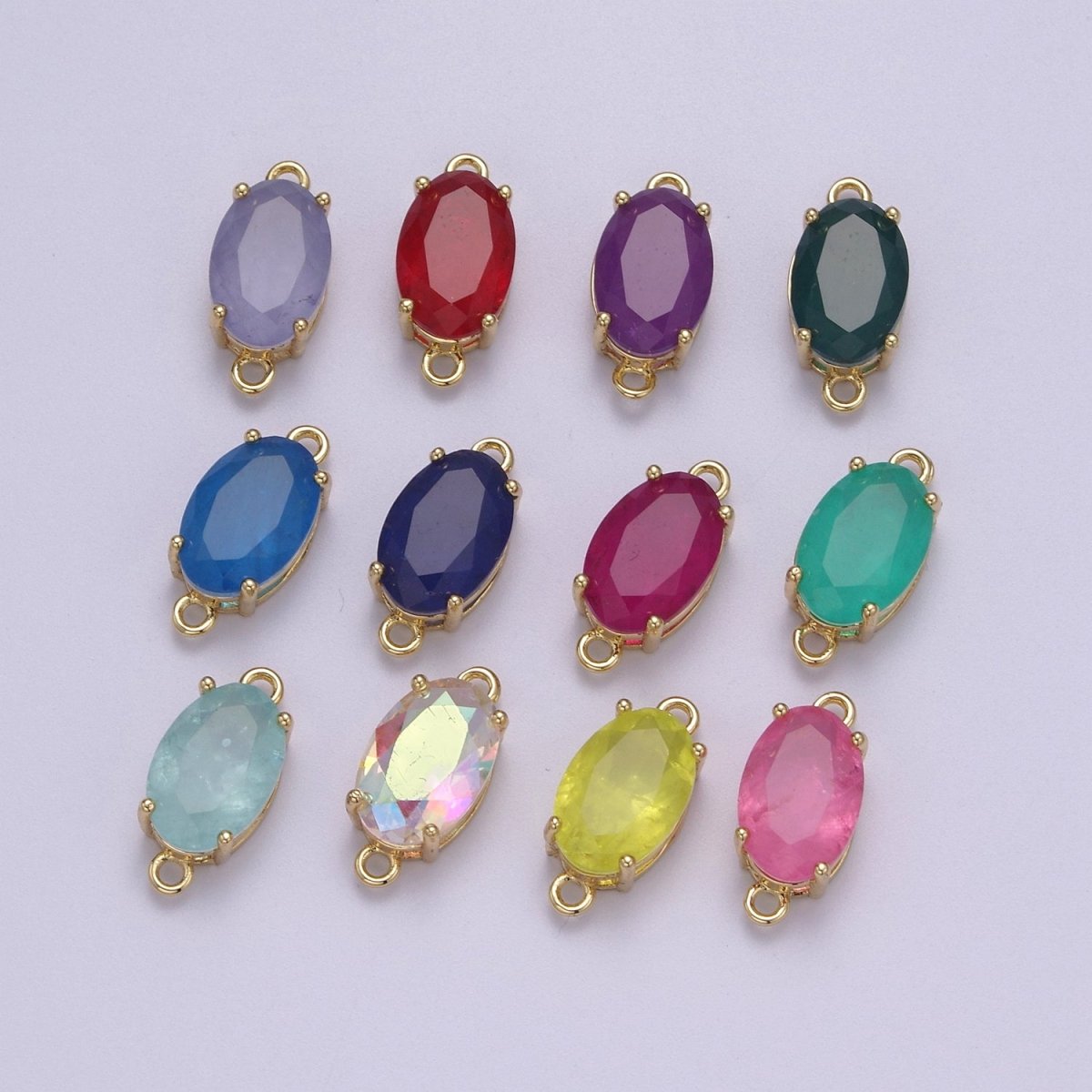 Oval Solitaire CZ Birthstone Charm Connector Geometric Diamond Cut Dainty Cubic Zirconia Connector for Necklace Earring Supply F-661-F-673