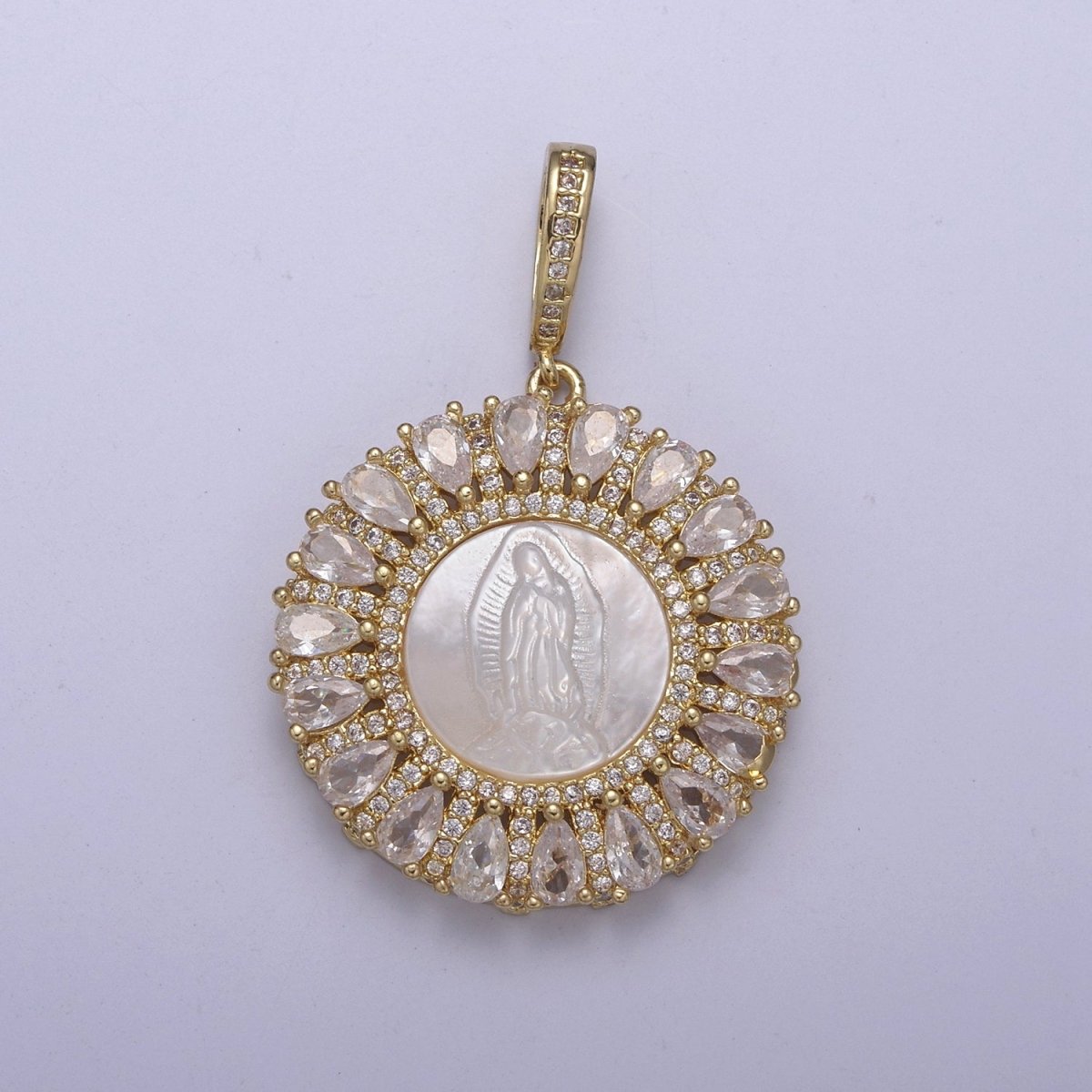 OZ CZ Micro Pave Lady Guadalupe On Round Coin Pearl Charms, 14K Gold Filled Virgin Mary Pendant, Mother of Pearl Necklace Charm, 42.5x30mm H-403 - DLUXCA