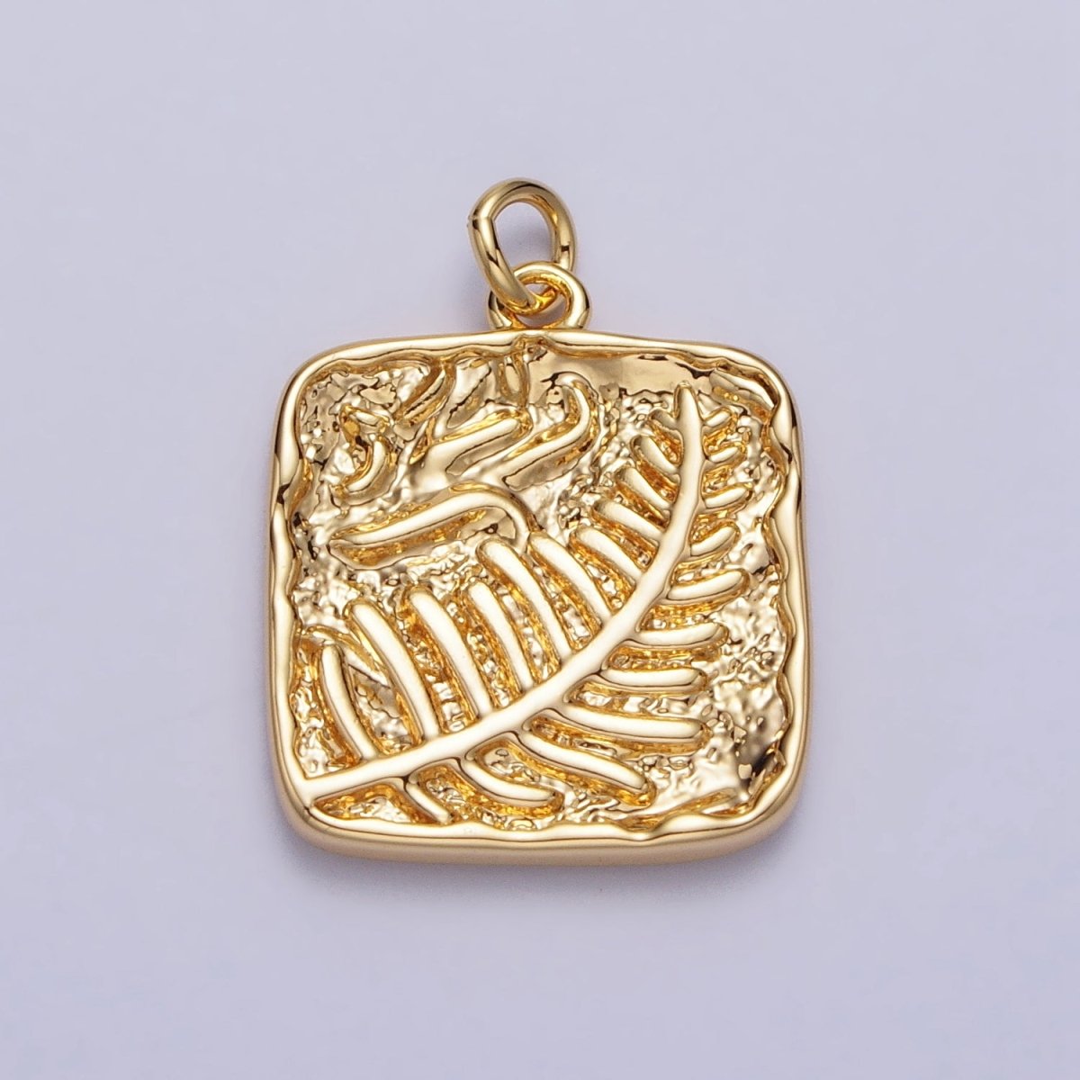 Palm Leaf Plant Stamped Hammered Square Add-On Charm in Gold & Silver | AC-227