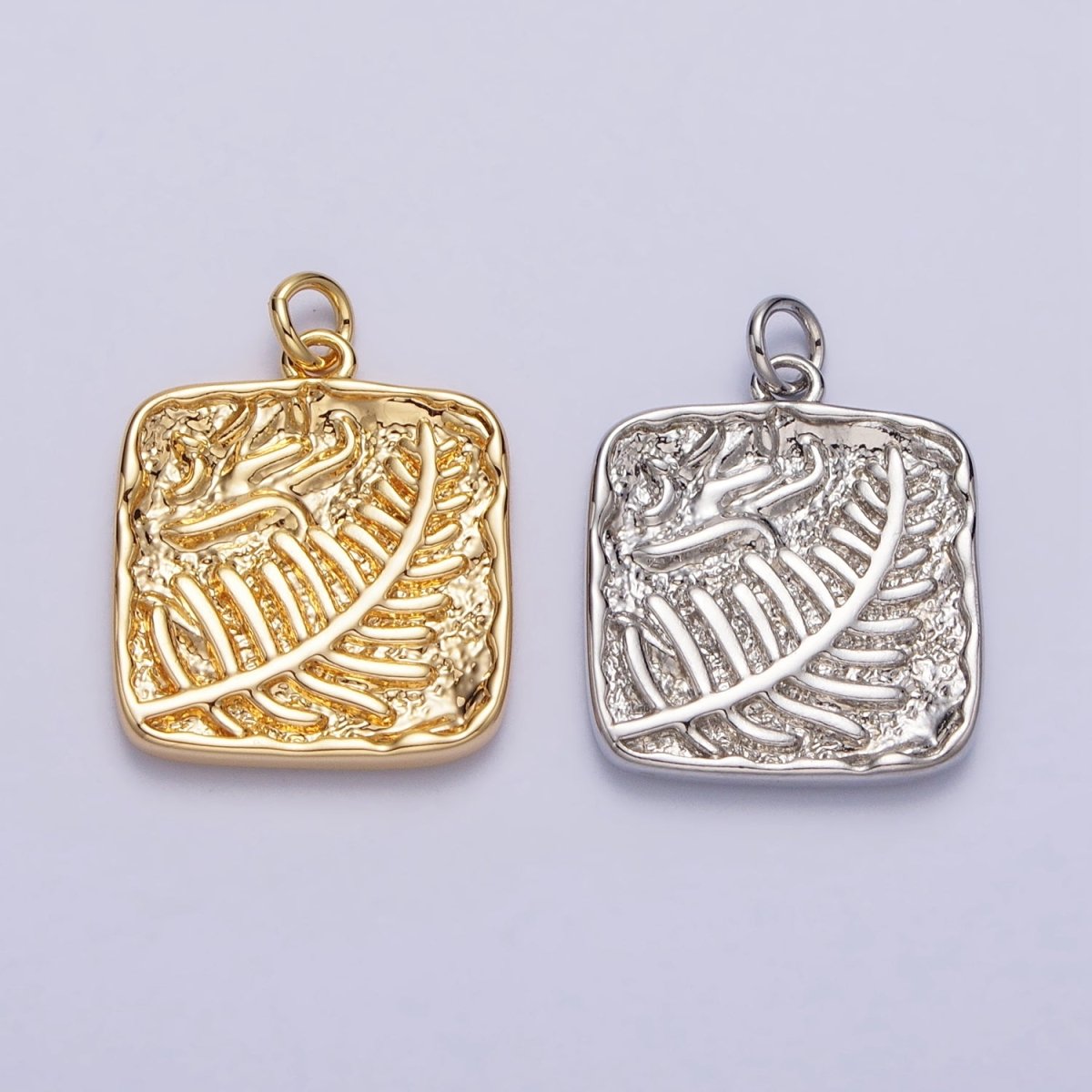 Palm Leaf Plant Stamped Hammered Square Add-On Charm in Gold & Silver | AC-227