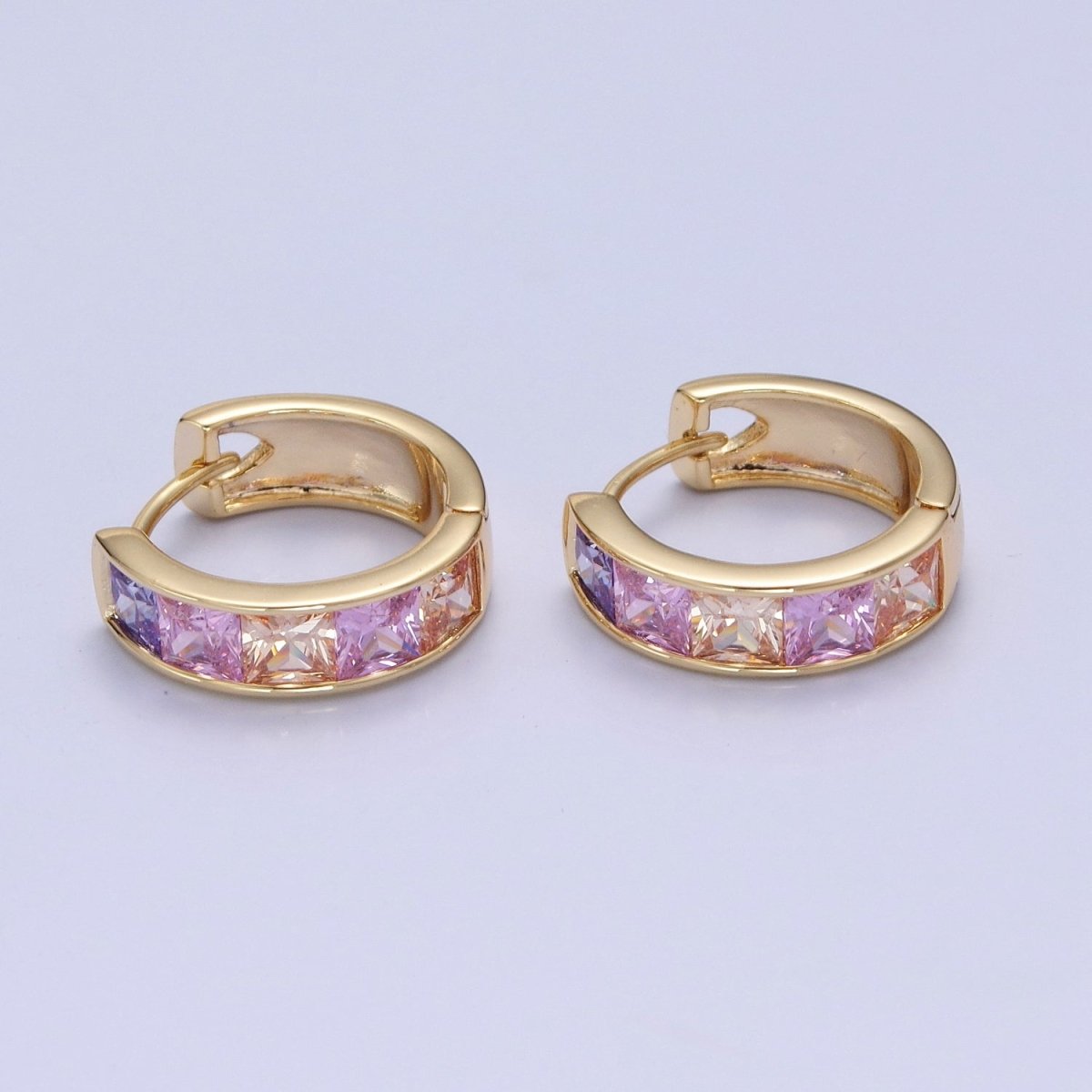 Pastel, Neon, Clear, Checkered Square CZ Lined Wide 16mm Gold Huggie Hoops Earrings | P-369~P-372