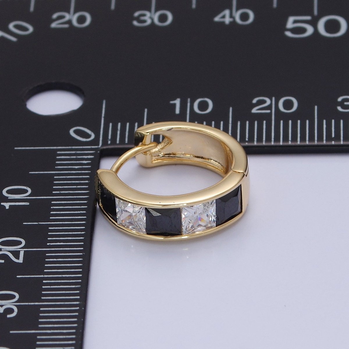 Pastel, Neon, Clear, Checkered Square CZ Lined Wide 16mm Gold Huggie Hoops Earrings | P-369~P-372