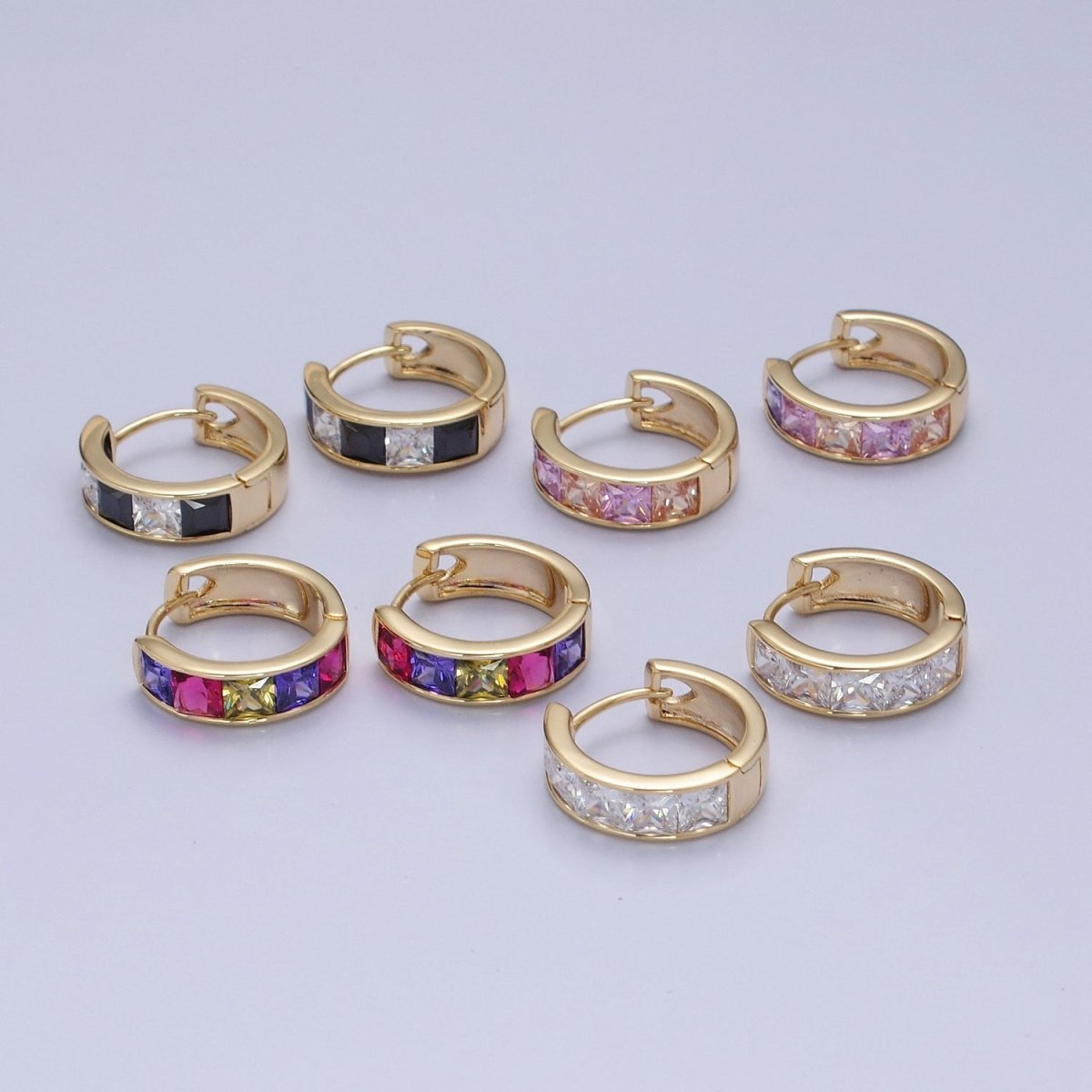 Pastel, Neon, Clear, Checkered Square CZ Lined Wide 16mm Gold Huggie Hoops Earrings | P-369~P-372