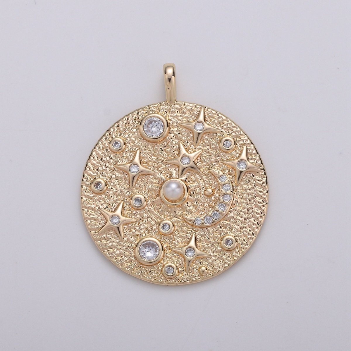 Pearl and Micro Pave CZ Planet in the Universe Round Pendant 14K gold Filled Charm, Star, Cresent Moon, Galaxy, DIY Jewelry Necklace making D-736 - DLUXCA